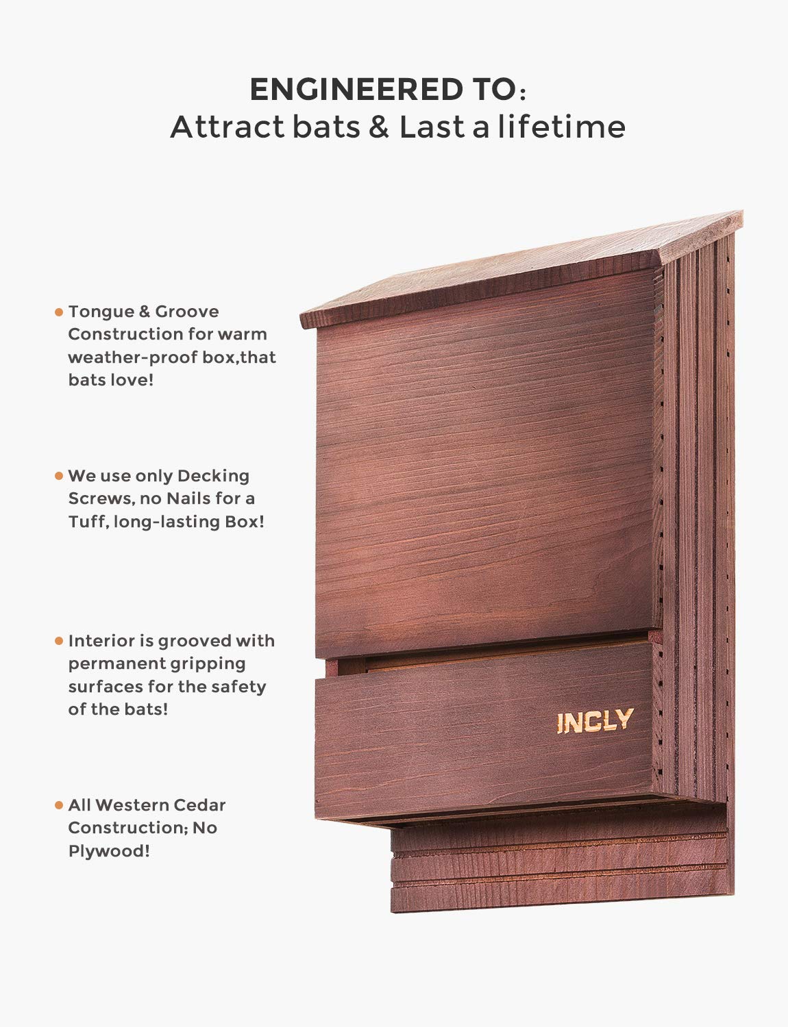 INCLY Bat House,15"x9.2"x3.2" Outdoor Bat Shelter Box kit,Double Chamber Dark Natural Cedar Wood,Weather Resistant,Pre-Finished Easy to Install