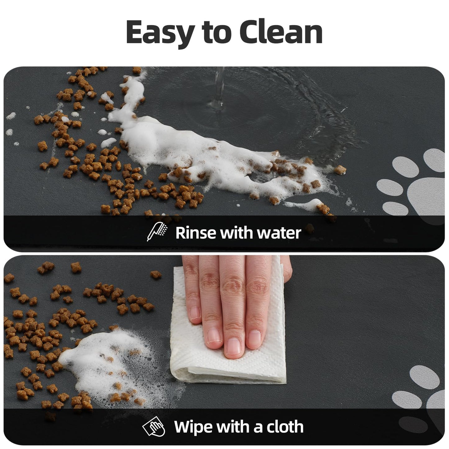 Dog Cat Food Mat Pet Bowl Mat Absorbent No Stains Quick Dry-Innovative Pet Supplies Dog Cat Accessories-Water Dispenser Mat for Messy Drinkers-Dark Grey with Paw Pattern 17"x34"