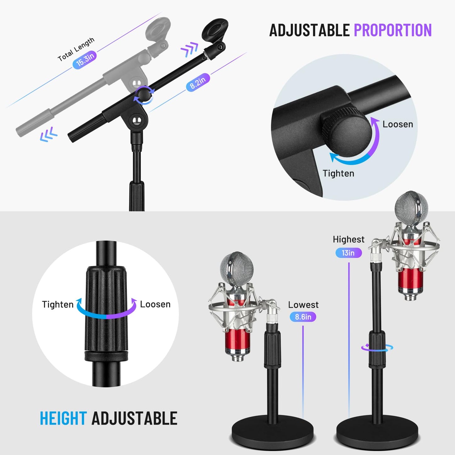 CAHAYA Desktop Microphone Stand with 2 Mic Clips Table Mic Stand with Boom Arm with 3/8" to 5/8" Screw Adapter CY0360