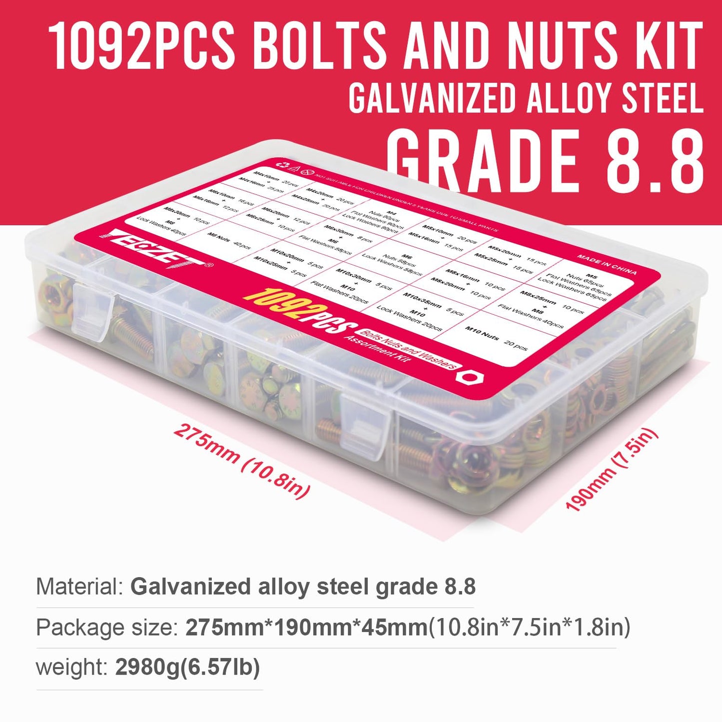 YEEZET 1092pcs M4 M5 M6 M8 M10 Metric Bolts and Nuts Kit,Grade 8.8 Heavy Duty Bolt Assortment Set,21 Most Common Sizes