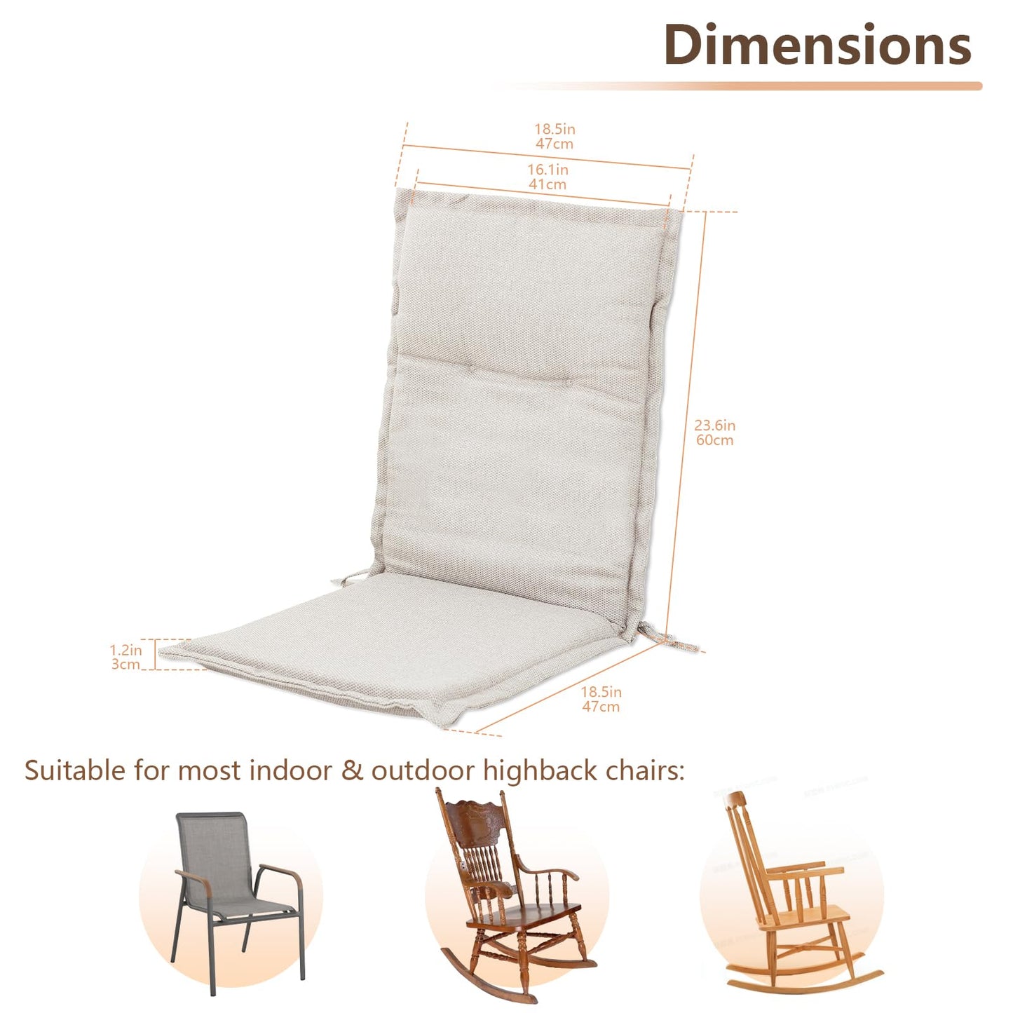 C-Hopetree Indoor High Back Rocking Chair Cushions for Glider and Swivel Rocker, Outdoor Replacement Highback Dining Seat Pads with Back Elastic and Ties, 18" x 42" x 1.5", Beige, Set of 2