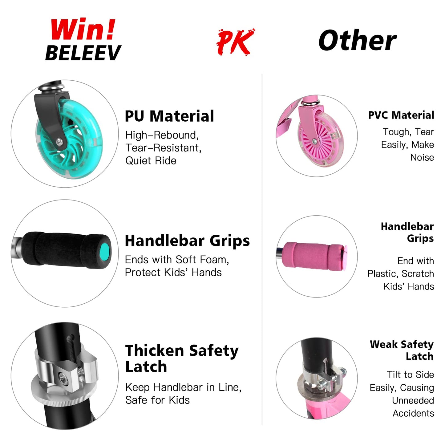 BELEEV V1 Scooter for Kids Ages 3-12, 2 Wheel Folding Kick Scooter for Children Girls and Boys, 3 Adjustable Height, LED Light Up Wheels, Lightweight Scooter with Sturdy Kickstand