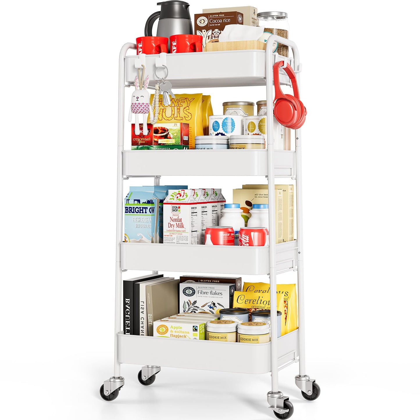 TOOLF 4-Tier Rolling Cart, Metal Utility Cart with Lockable Wheels, Storage Craft Organizer Serving Trolley Easy Assembly for Office, Bathroom, Kitchen, Kids' Room, Classroom, White