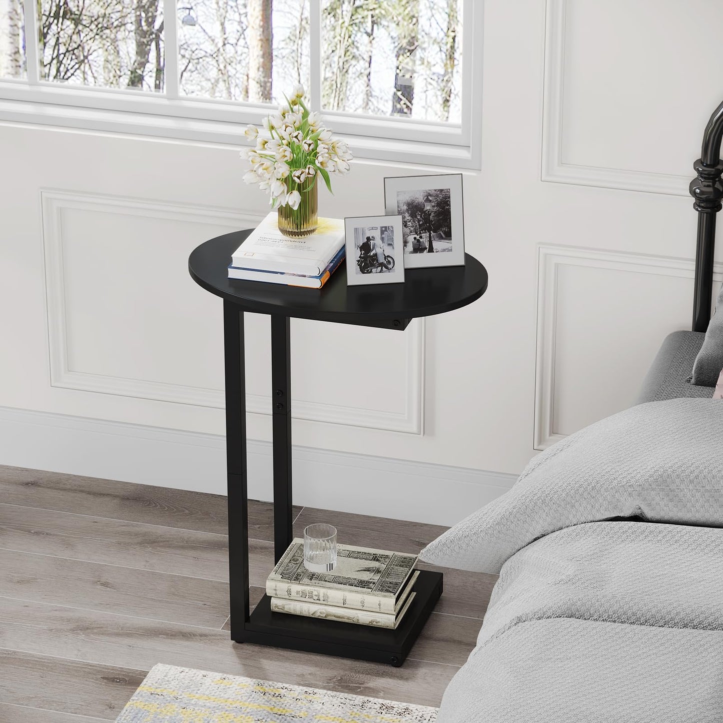 Hosfais Small Side Table End Table, C-Shaped Wood Coffee Table TV Tray for Eating Couch Tables for Small Space, Living Room (Black)