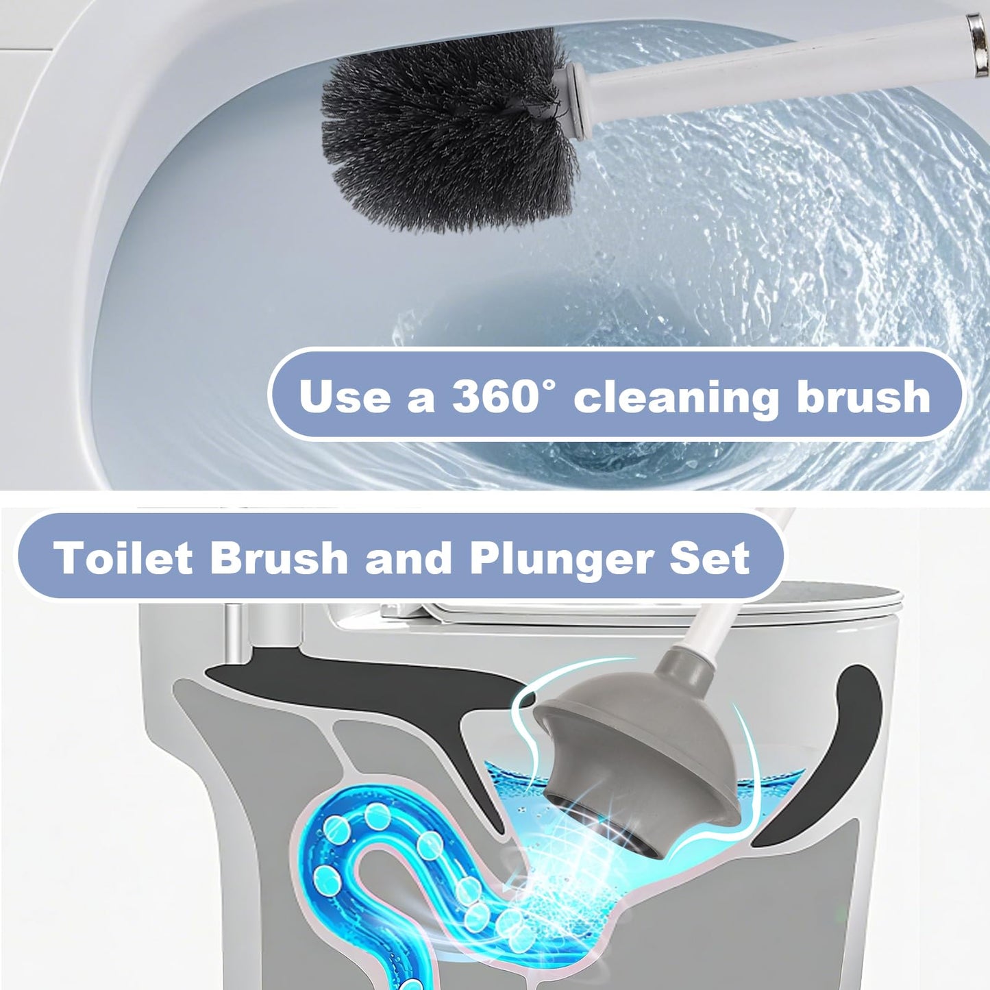 Toilet Brush and Plunger Set 4 in 1 Toilet Brush and Holder with Crevice Cleaning Brush and Clip Deep Cleaning, Wall Mounted Home Bathroom Cleaning Tool Combo （Gray 1）