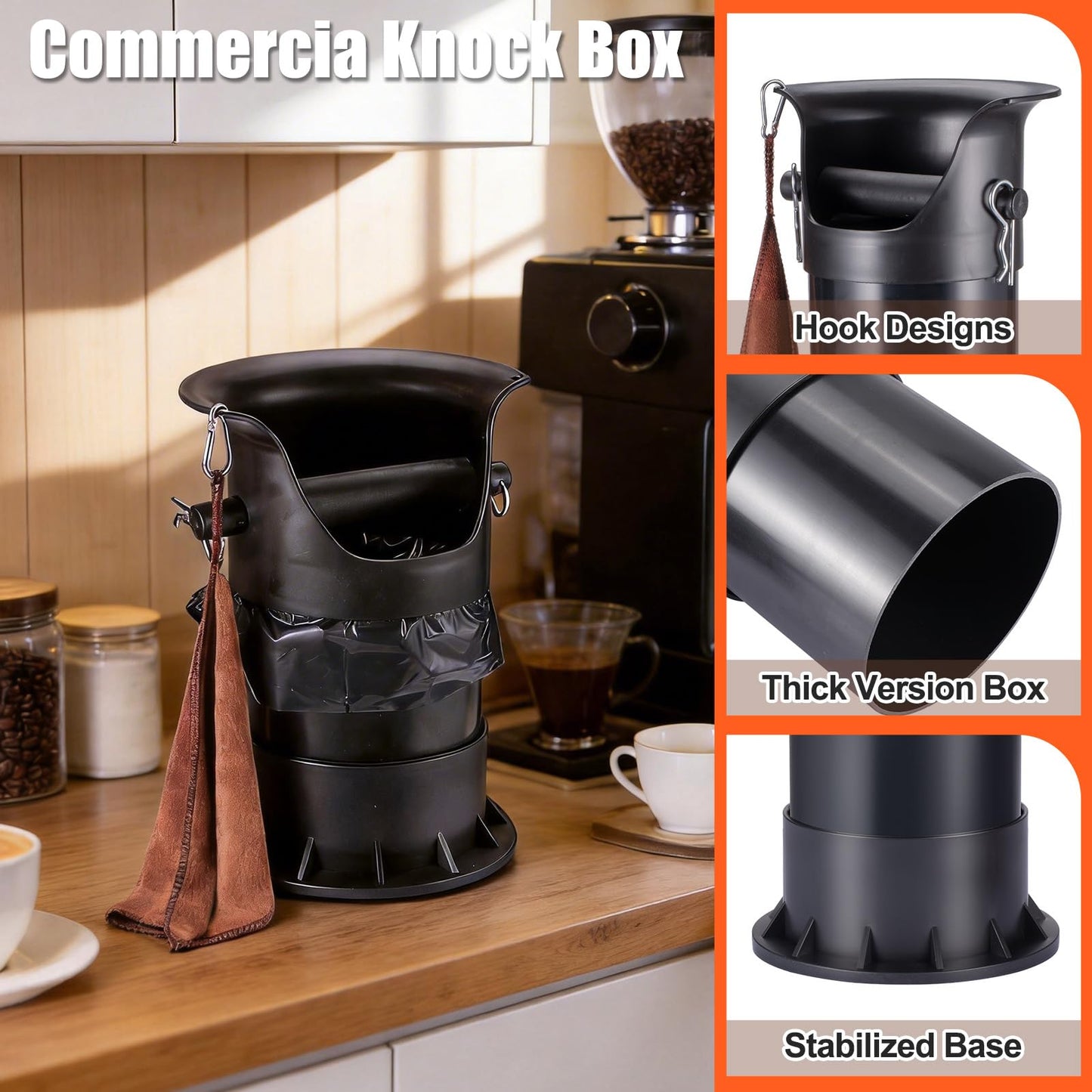 Coffee Knock Box Set with Cleaning Cloth, Brush & 50 Garbage Bags - 10.8×10.8×15.7in Countertop Coffee Waste Container for Home Baristas
