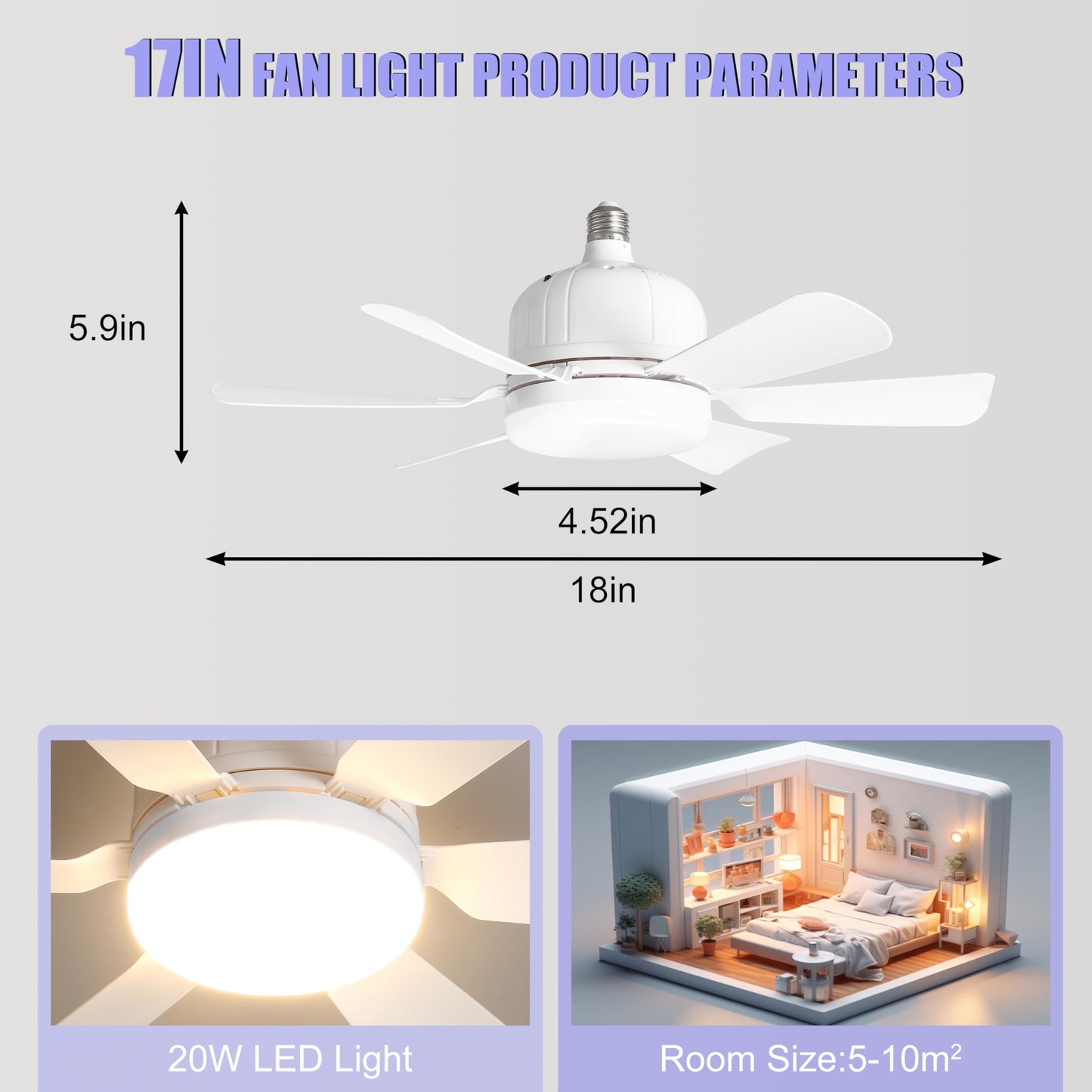 Modern 6-Blade White Socket Ceiling Fan with LED Light, 3-Speed Remote Control,E26 Base Tool-Free Install, 18.11 inches Diameter, Quiet DC Motor for Bedrooms, Kitchens & Living Rooms