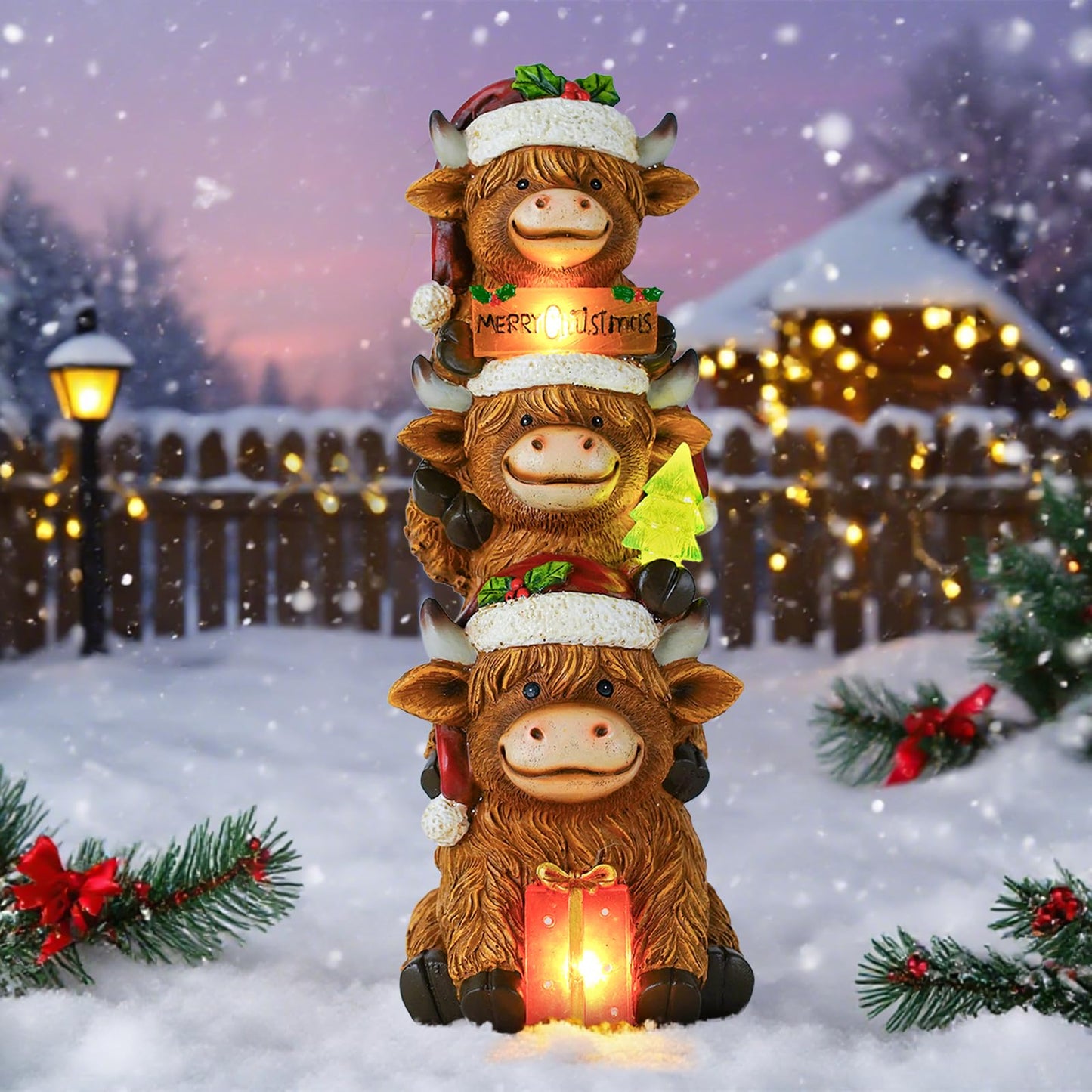 twinbling Christmas Highland Cow Decor with Solar Light Triple Highlander Cow Christmas Decorations Gifts for Women Mom Funny Highland Cows Garden Statues for Garden Patio Lawn Yard Decor