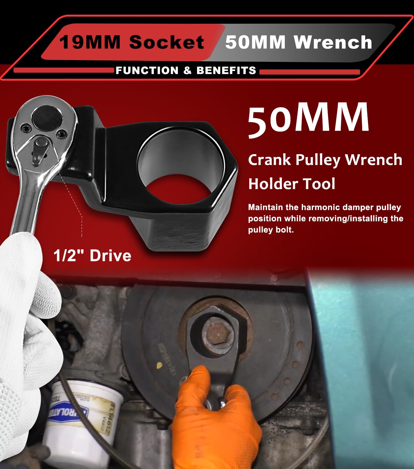 2pcs 77080 19 mm Harmonic Balancer Socket & 50mm Crank Pulley Wrench Holder for Honda Acura Engines