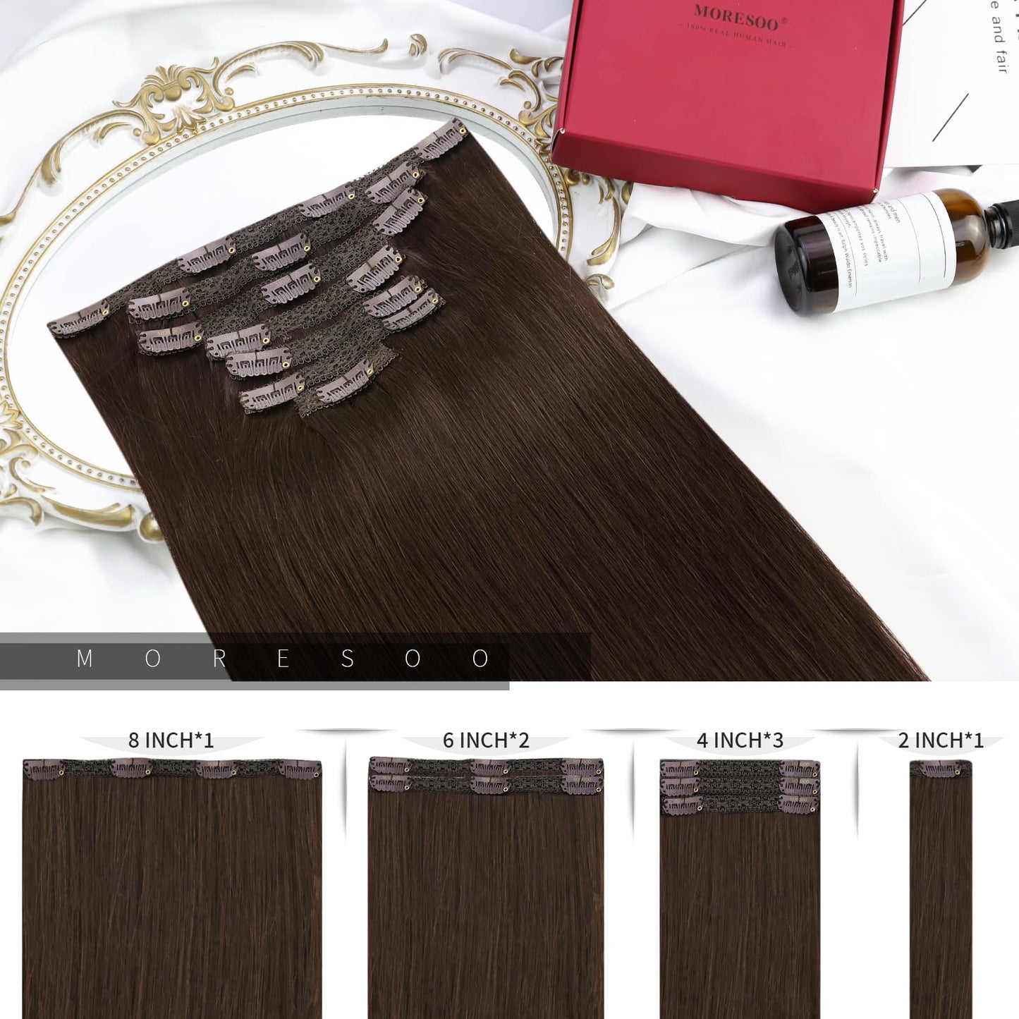 Moresoo Clip in Hair Extensions Human Hair Dark Brown Remy Hair Clip in Extensions for Women Double Weft Full Head Straight and Smooth 120G 7Pcs 18In