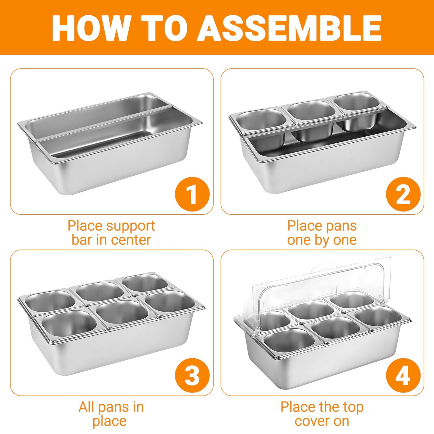 Julymoda Countertop Food Serving Display Container with Clear Lid, Stainless Steel Serving Tray Catering Supplies Buffet Display Condiment Container for Restaurant Hotel Kitchen (6 Pan)