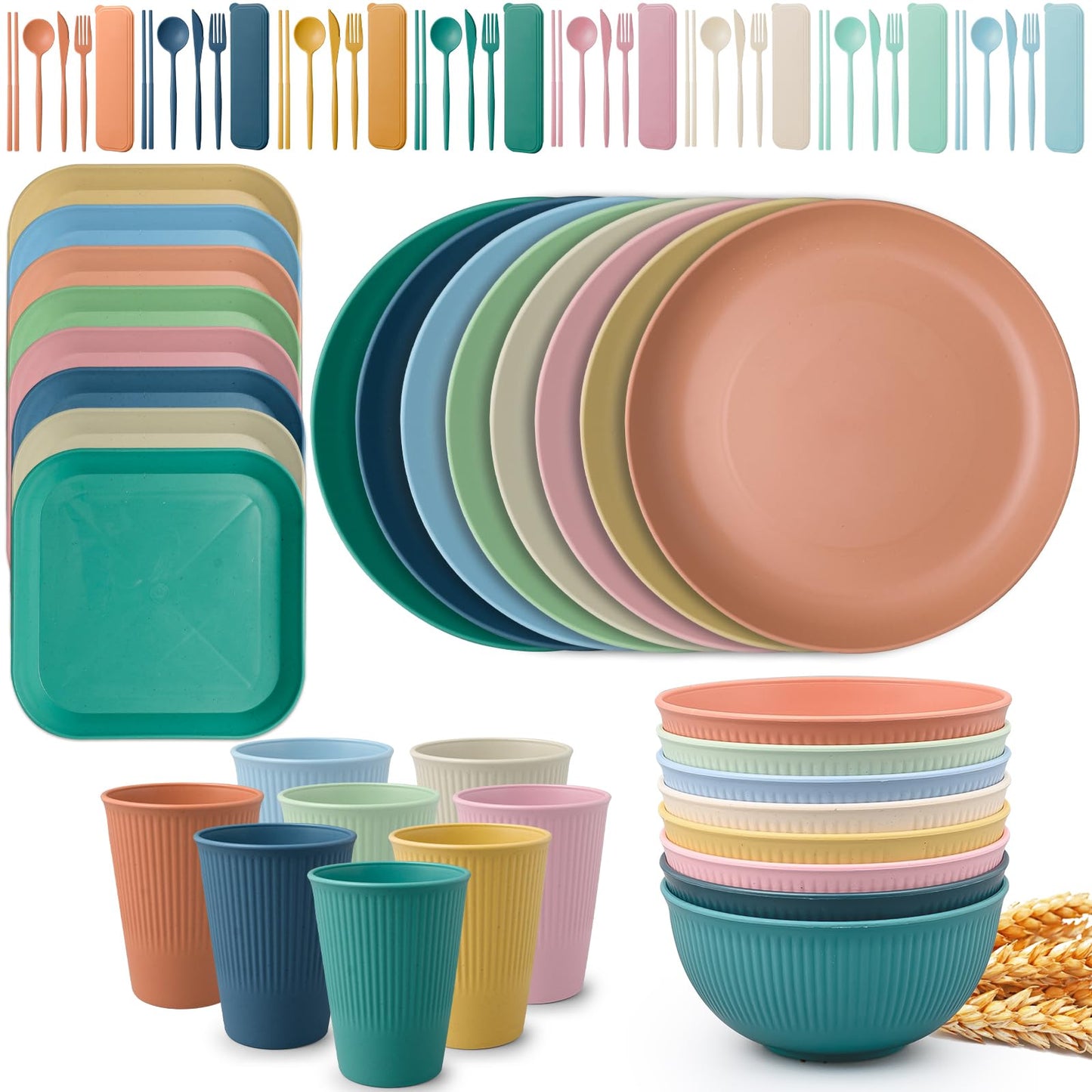 72 Pcs Wheat Straw Dinnerware Sets,Unbreakable Microwave Safe Dinnerware,Lightweight Reusable Bowls with Plates,Cups,Knives,Forks and Spoons Utensil Set for Camping,RV Dishes (A Set of 8)