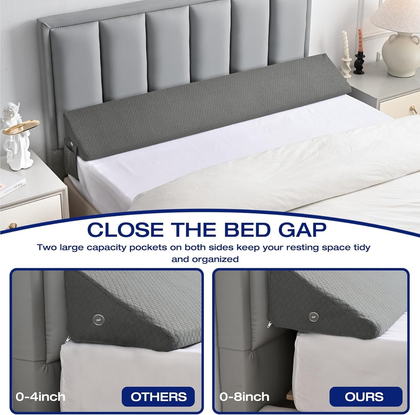 Bed Wedge Pillow for Headboard Gap Filler Mattress Gap Filler(0-8") Bed Wedge for Headboard Gaps Between Your Headboards and Mattress，Headboards Pillow (Grey, Queen(60"x6"x10"))