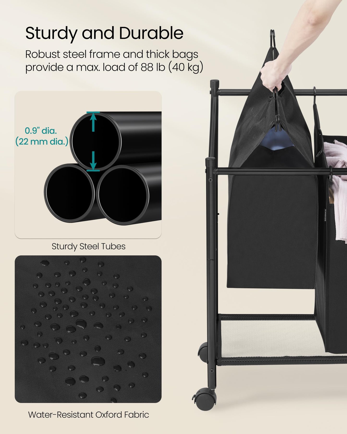SONGMICS Laundry Sorter, Rolling Laundry Basket with 4 Removable Bags, Laundry Hamper, Laundry Cart, for Laundry Room, Bedroom, Bathroom, 4 x 11.9 Gallons, Ink Black URLS103B01