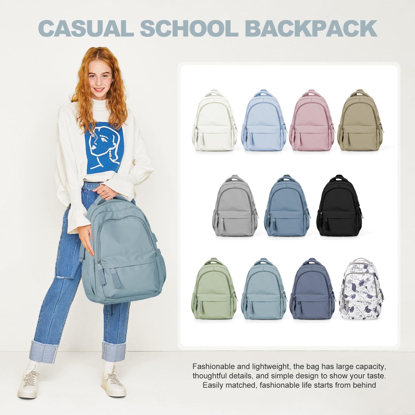 Backpack for School Women College High School Bag for Girls Teen Boys Book Bag Casual Travel Laptop Backpacks for Men Light Blue