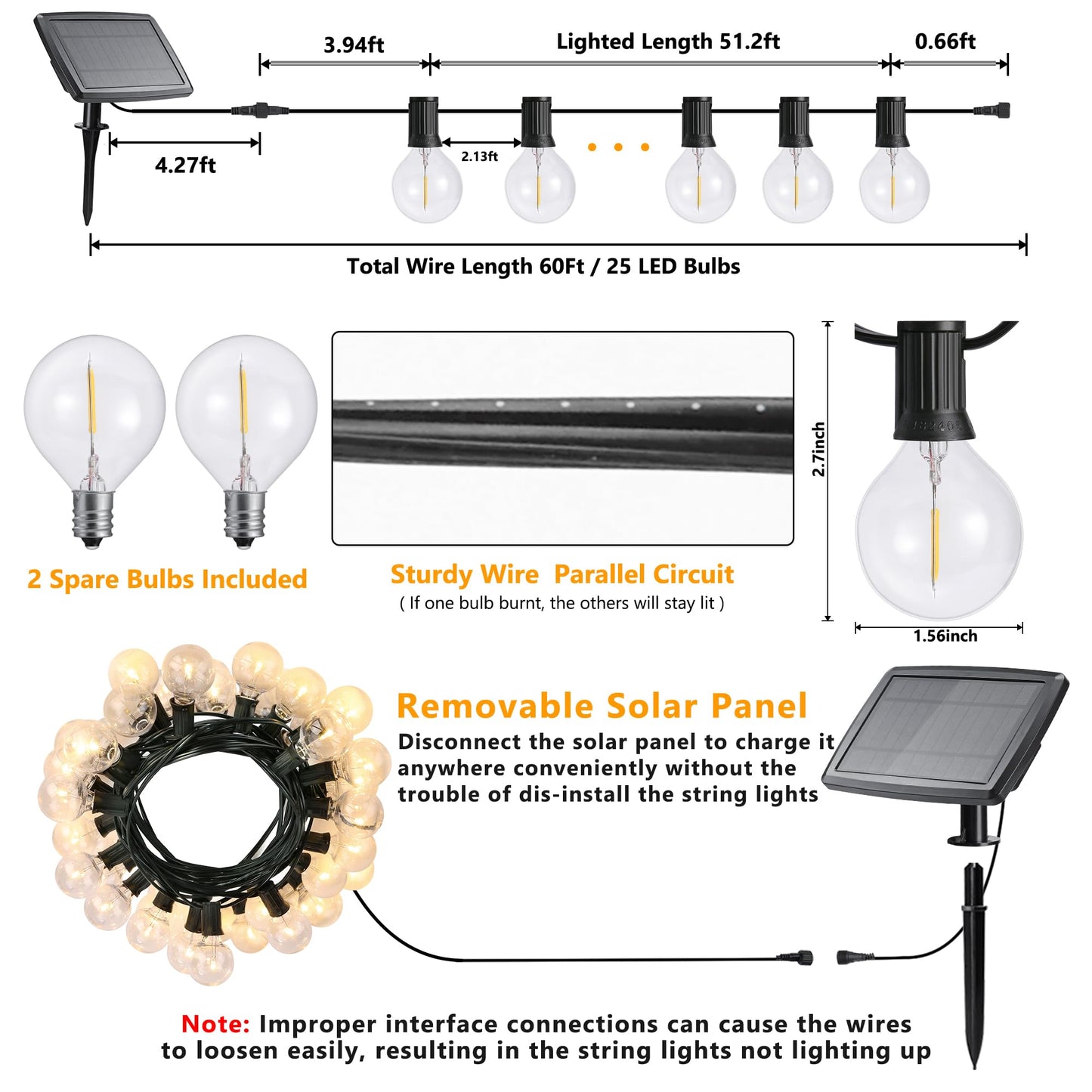 Joomer Solar String Lights Outdoor 60FT, 25+2 LED G40 Patio String Lights Commercial Grade, Waterproof Shatterproof Hanging Solar Lights 4 Modes for Outside,Yard,Cafe,Gazebo,Bistro,Porch, 2700k E12