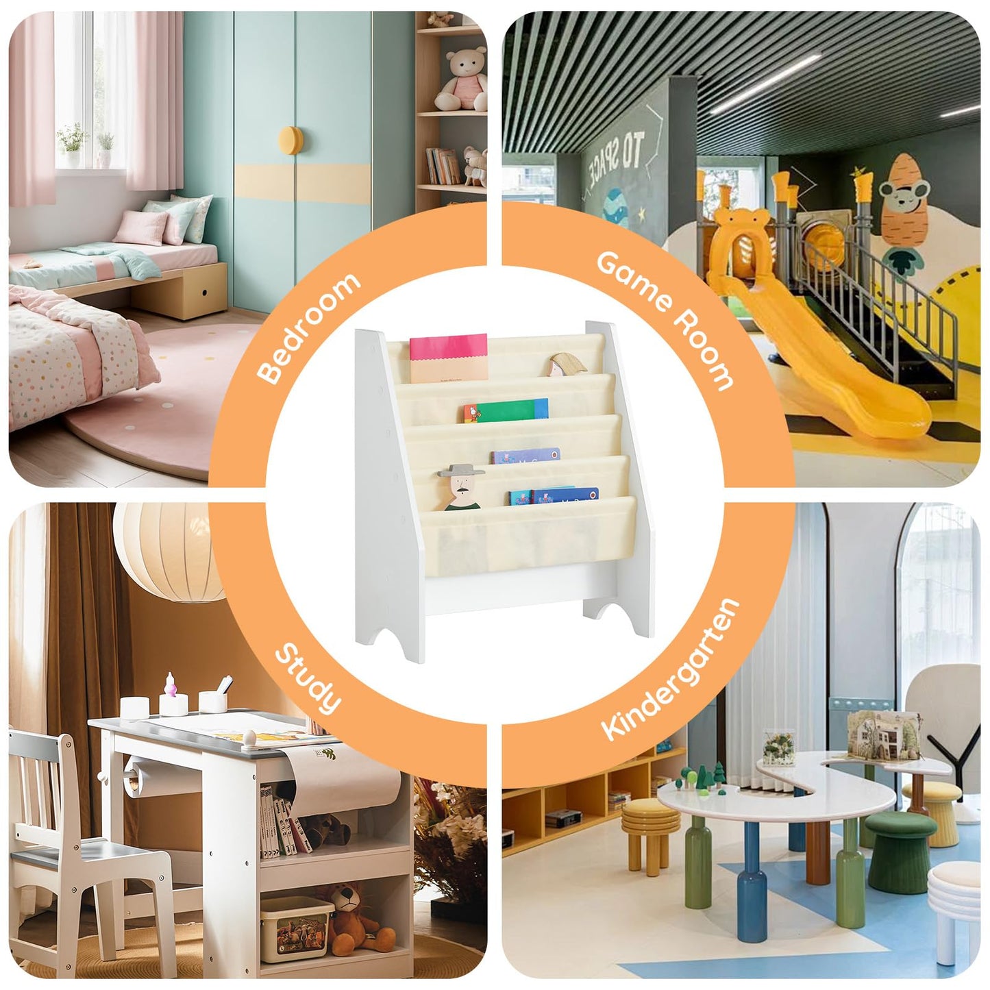 SoBuy Kids Bookshelf with 4 Fabric Sling Pockets, Montessori Front Facing Bookcase for Toddlers, Space Saving Children Book Organizer for Nursery Playroom & Bedroom, 62 x 30 x 71 cm, White FRG225-W