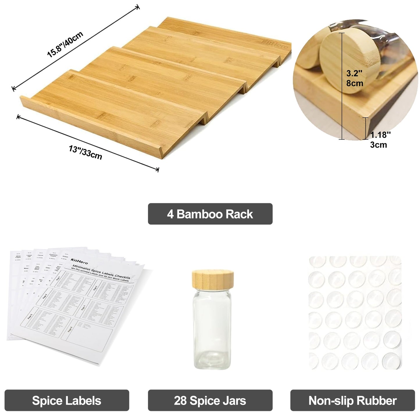KitHero Spice Drawer Organizer with 28 Bamboo-lidded Spice Jars and 216 Labels,Non-slip Rubber, Bamboo 4 Tier Spice Racks Tray Seasoning Containers for Kitchen Drawers,Cabinets,13" Wide * 15.8" Deep