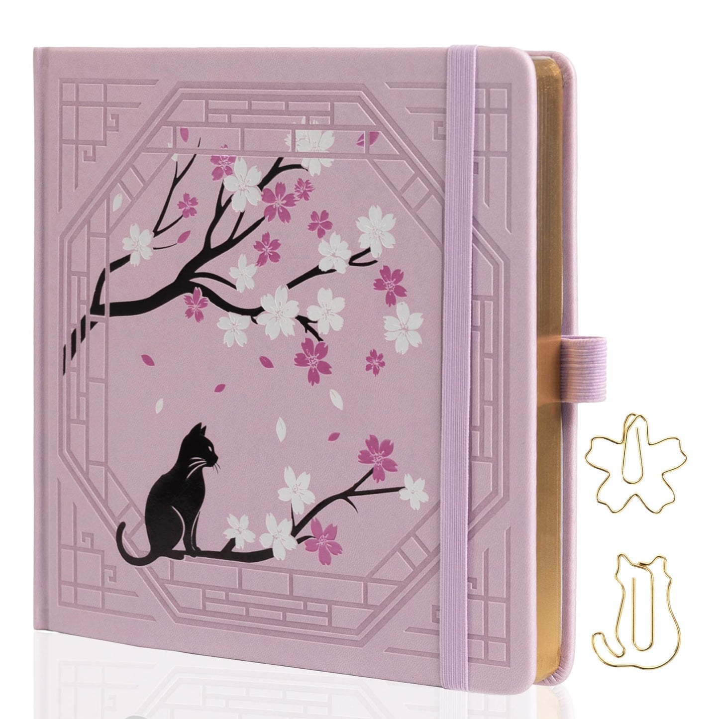 TIEFOSSI Square Dotted Journal, Cute Cat Journal for Women Girls, Dot Notebook with Pretty Sakura Pattern, Aesthetic Diary for Writing Journaling Drawing, Golden Edges, 8 x 8 IN