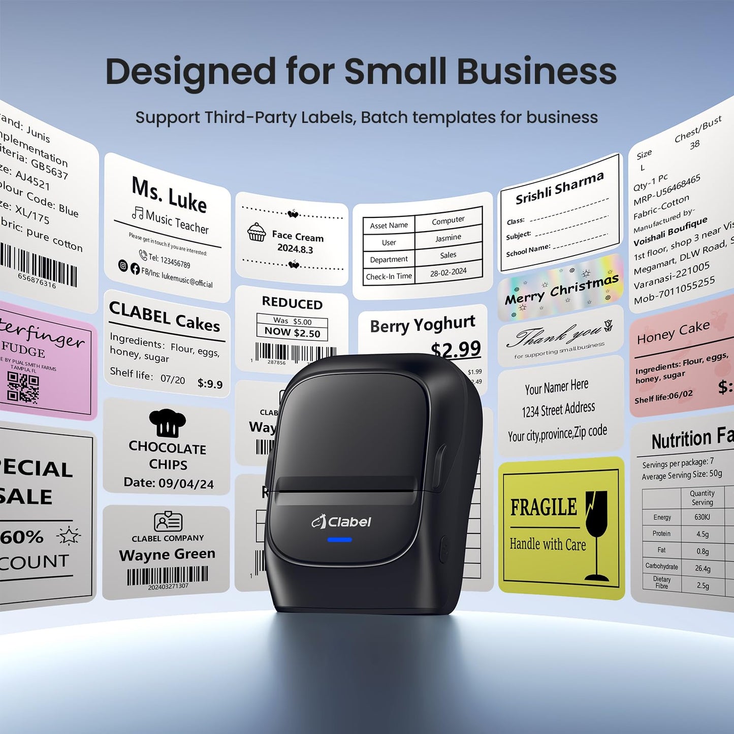 CLABEL Bluetooth Label Maker Machine with Tape, 2" Portable Thermal Printer for Small Business, Retail & Home Organization, Inkless Barcode Sticker Printer with Creative Templates