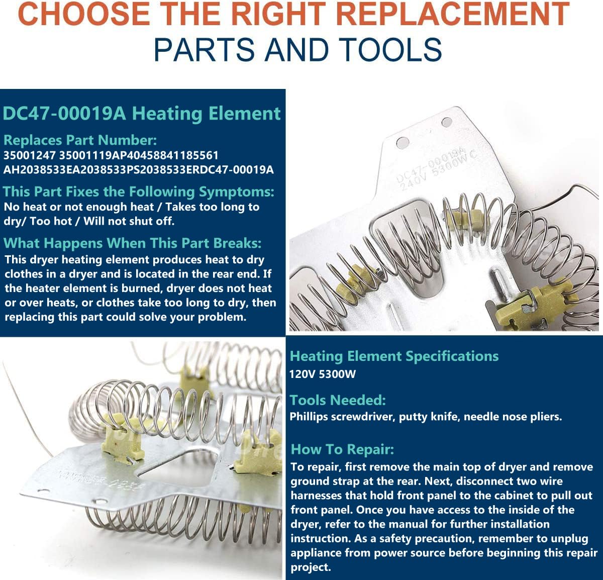 2026 UPGRADE Dryer Heating Element for Samsung dv42h5000ew/a3 dv45h7000ew/a2 dv48h7400ew/a2 DC47-00019A Dryer Heating Element DC47-00018A Thermostat DC47-00016A DC32-00007A DC96-00887A Thermal fuse