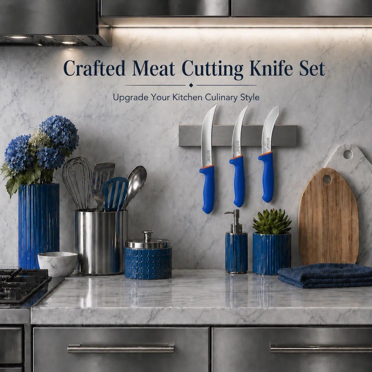 DRAGON RIOT 3 Pcs Butcher Knives Set, Meat Processing Knife Set for Brisket Trimming with German Stainless Steel and Blue Non-Slip Handle Gift for Men