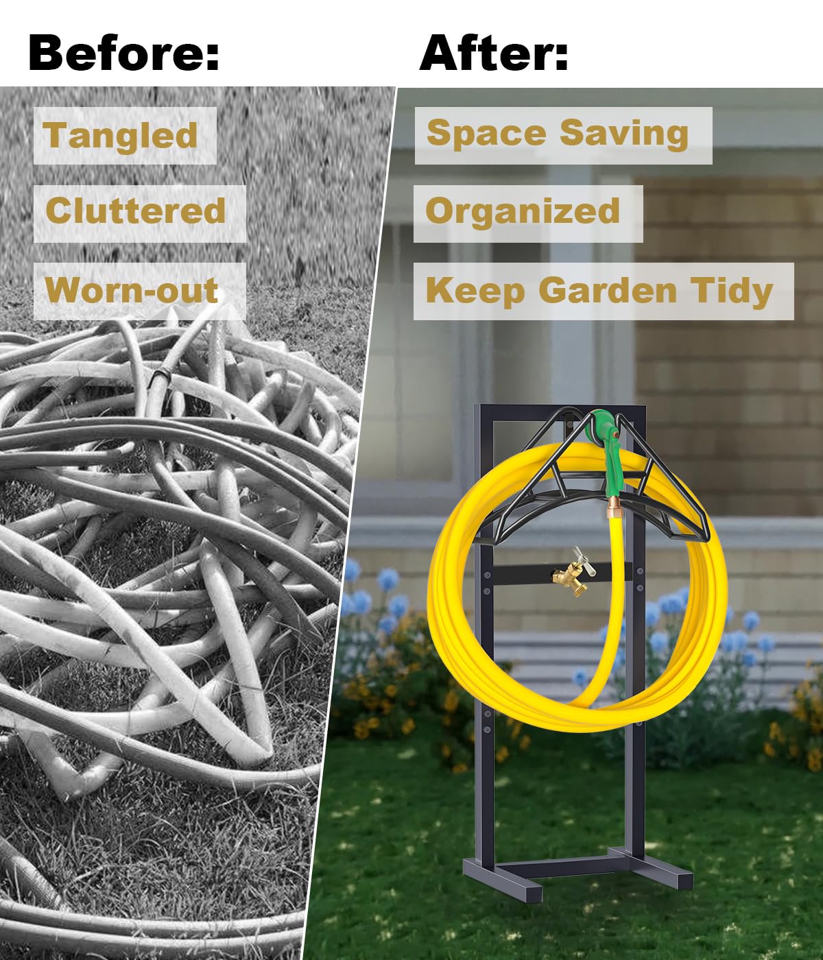 Artigarden Outdoor Garden Hose Holder Freestanding with Brass Faucet And 4 Spikes, Heavy Duty Metal Water Hose Reel Stand Hanger Rack Organizer Holds Storage 150ft Hose for Outside Yard Lawn, Black