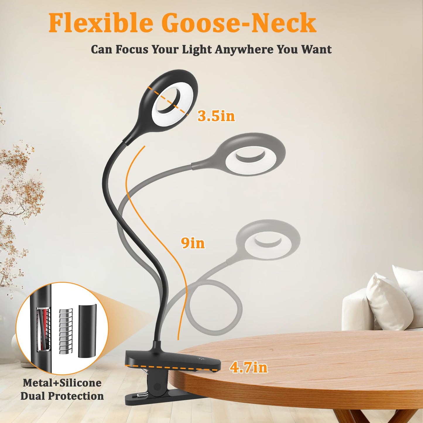 HECDSTLY 2 Pack Clip on Reading Light for Bed Headboard, Battery Rechargeable Large Clamp Bed Lamp - 5 Colors 5 Brightness, Flexible Arm Book Light at Night for Kids Bunk Desk Metal Bed Frame