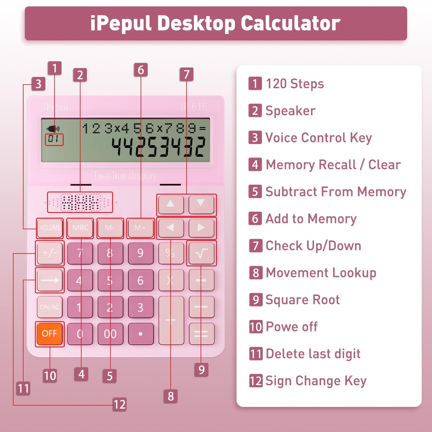 Calculators Desktop,Ipepul Talking Calculator with 2-line 12-Digits Large LCD Display and Large Button,4 Function Calculator for Business,Office,Store,School (Pink)