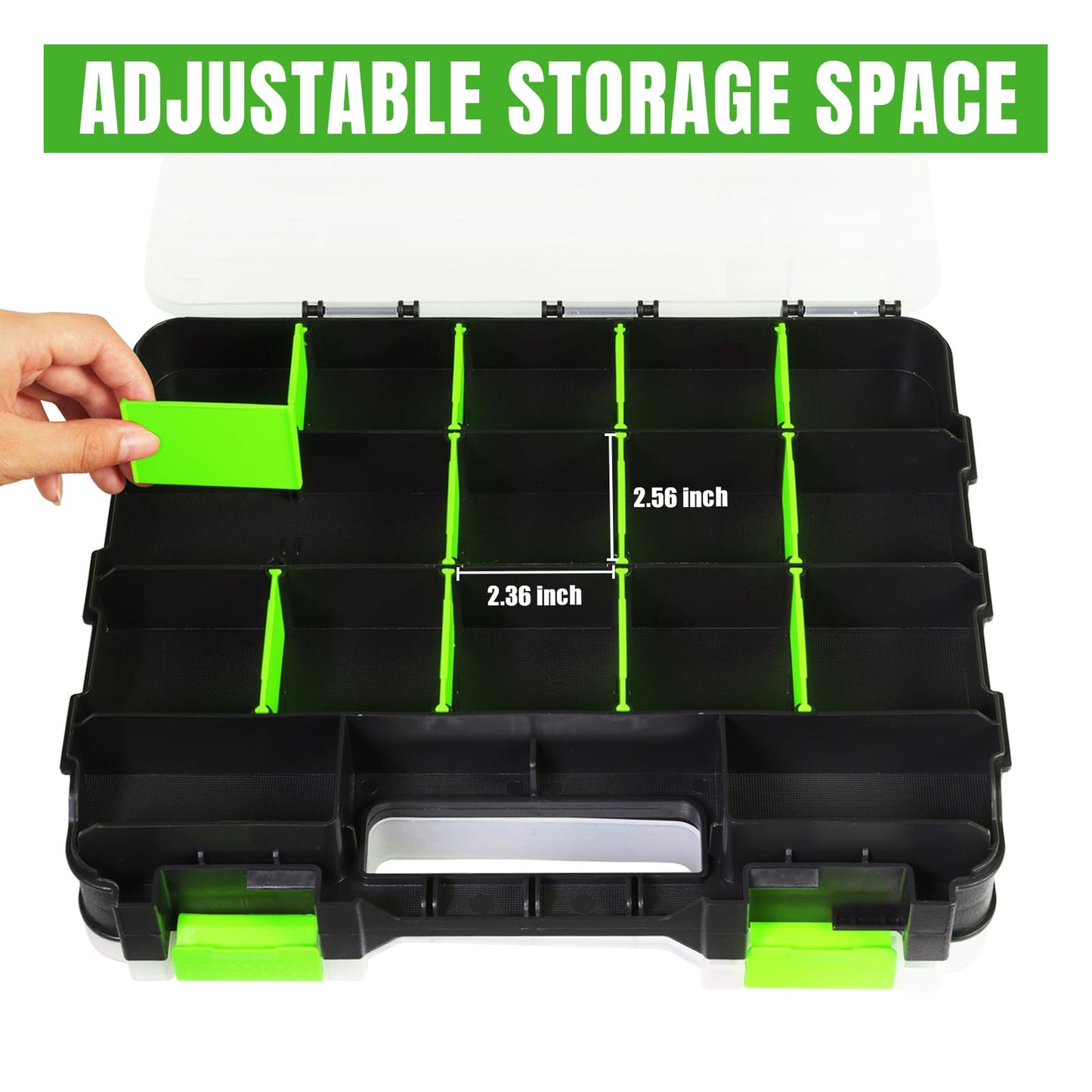 Jack Boss Tool Box with Transparent Lid, Double Side 34-Compartments Organizer Box with Removable Dividers for Hardware, Screws, Bolts, Nails, Beads, Jewelry and Fishing Accessories, Green, 2 Pack