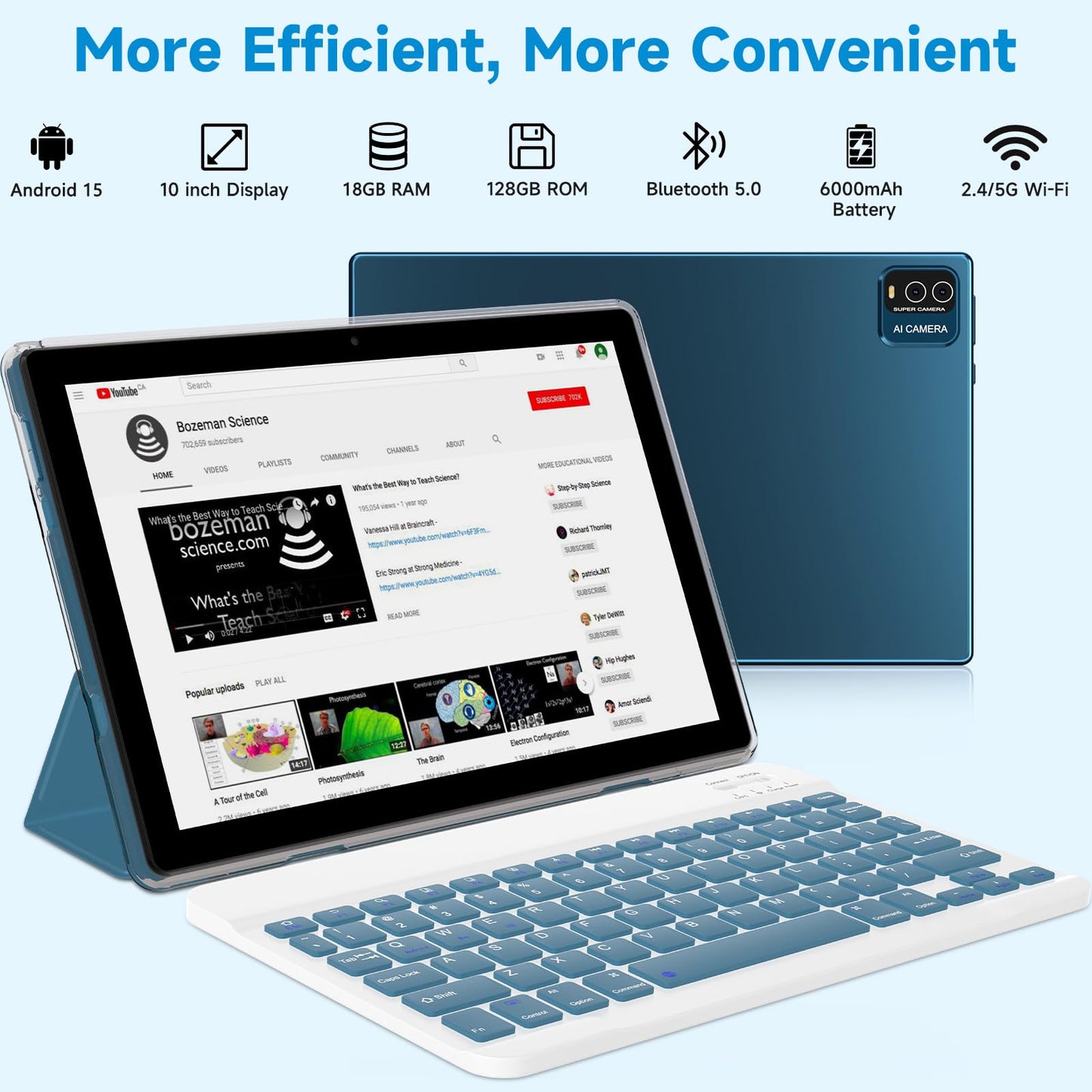 Android 15 Tablet, 10 Inch 18GB RAM+128GB ROM/ 2TB Expandable Tablet PC, Quad-core 2.0GHz Processor, 1280*800 10" HD Touch Screen, 2.4G/5G WiFi 6 BT 5.0, 2 in 1 Tablets with Keyboard Case Mouse Stylus