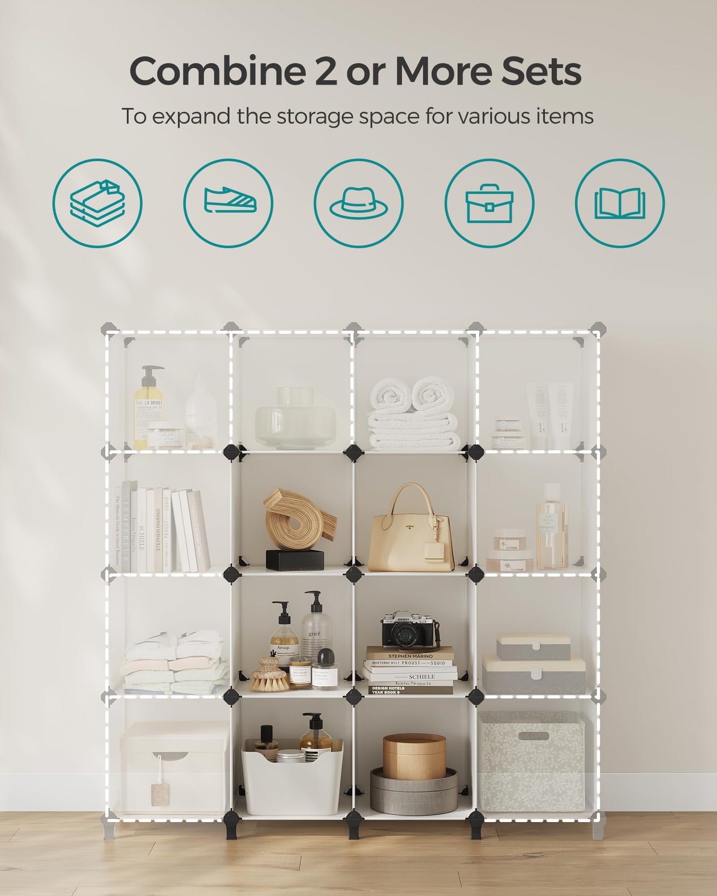 SONGMICS 6 Cube Storage Organizer, DIY Closet Shelf, Plastic Clothes Organizer, Modular Bookcase, 11.8 x 11.8 x 11.8 Inch Cubes, with Feet and Rubber Mallet, Cream White ULPC111M01