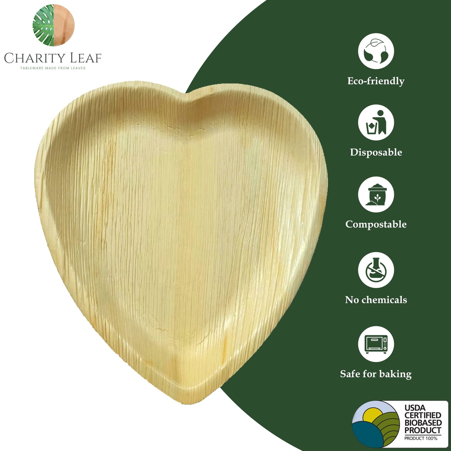 Charity Leaf Disposable Palm Leaf 10" Heart Plates (25 pieces) Bamboo Like Serving Platters, Disposable Boards, Eco-Friendly Dinnerware For Weddings, Catering, Events