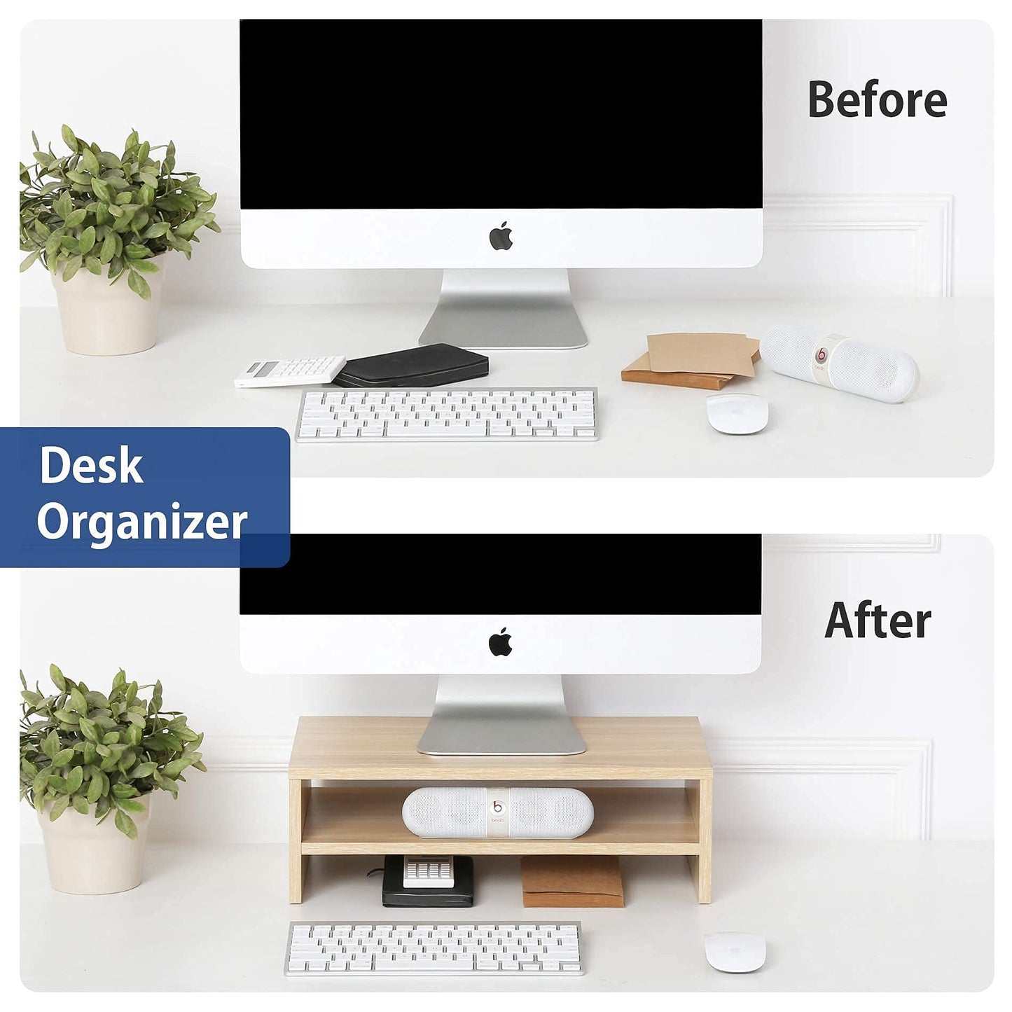 FITUEYES Computer Monitor Stand 16.7 inch 2 Tiers Laptop Riser with Storage Shelf Wooden Desk Organizer for Home Office Use (Oak)