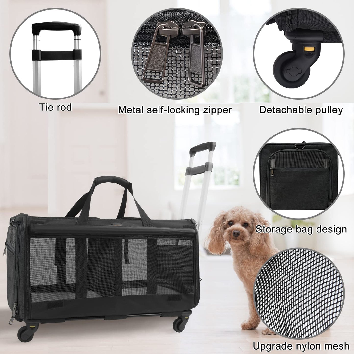 GJEASE Double-Compartment Pet Rolling Carrier with Wheels,Cat Carrier for 2 Cats,Super Ventilated Design,Ideal for Traveling/Hiking/Camping