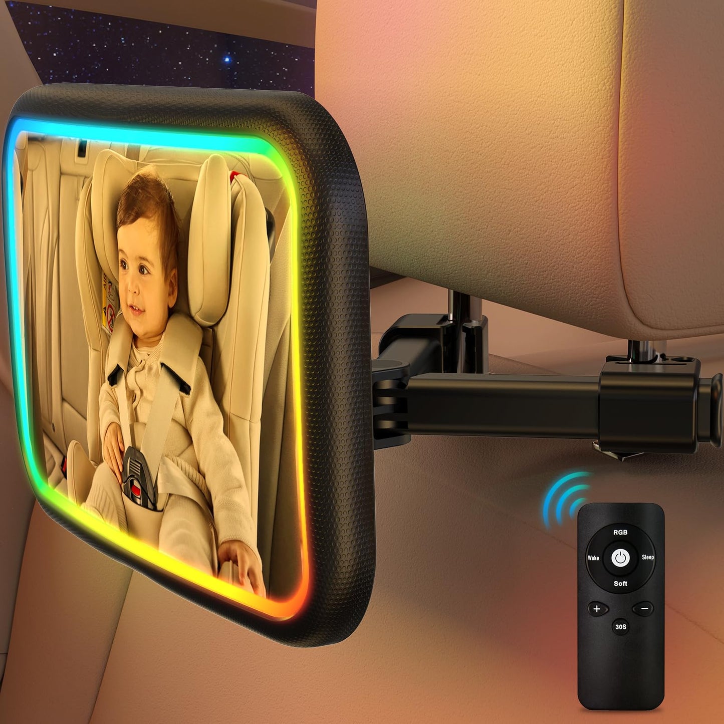 Fosucwin Baby Car Mirror with Light, 11 RGB Light Modes, 360° Rotation, Wide Angle, Remote Control, Shatterproof, Hook Clamp Design