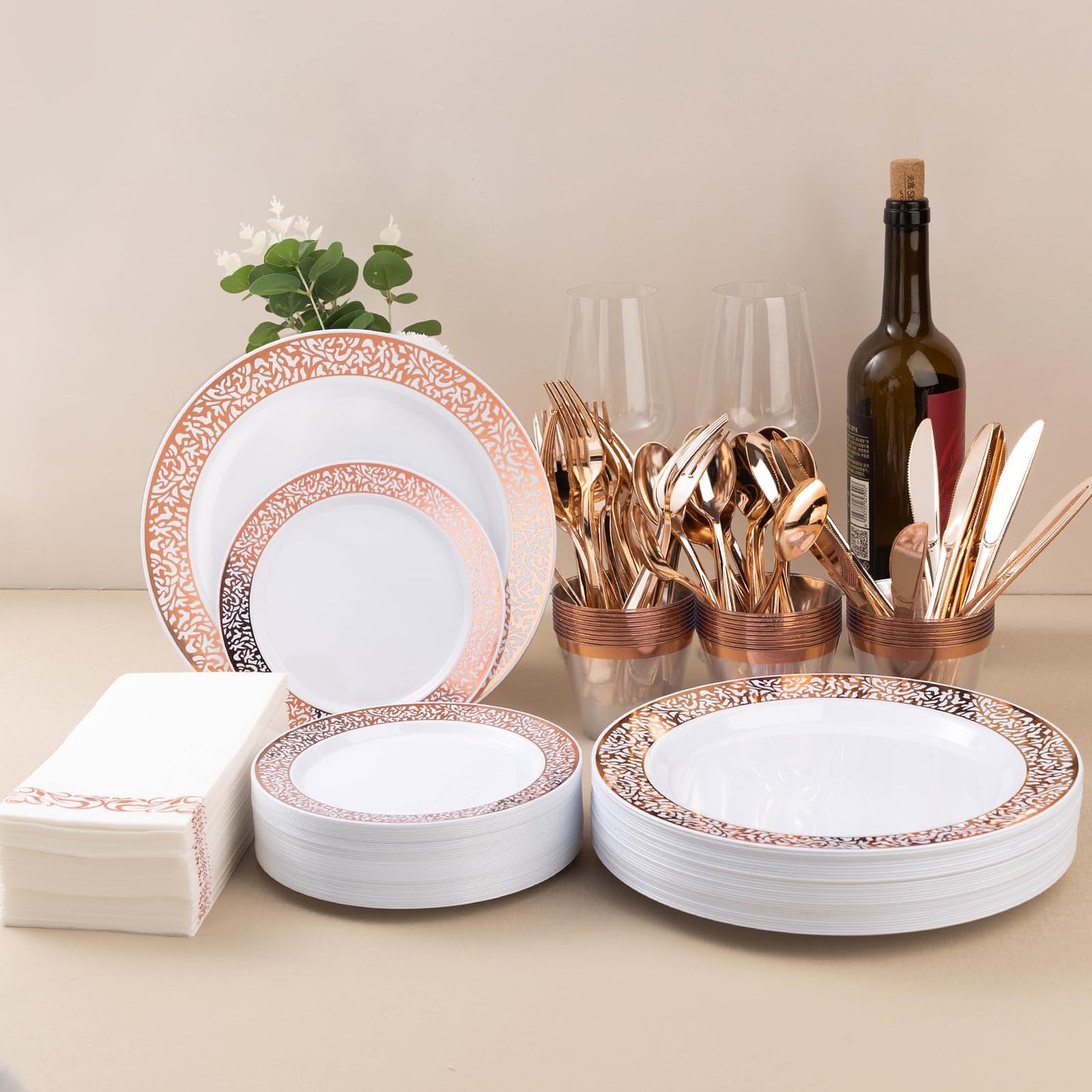 Bestluck 350PCS Rose Gold Plastic Dinnerware Set for 50 Guests, Disposable Plates for Party, Wedding, Include 50 Rose Gold Dinner Plates, 50 Dessert Plates, 50 Set Silverware, 50 Cups, 50 Napkins