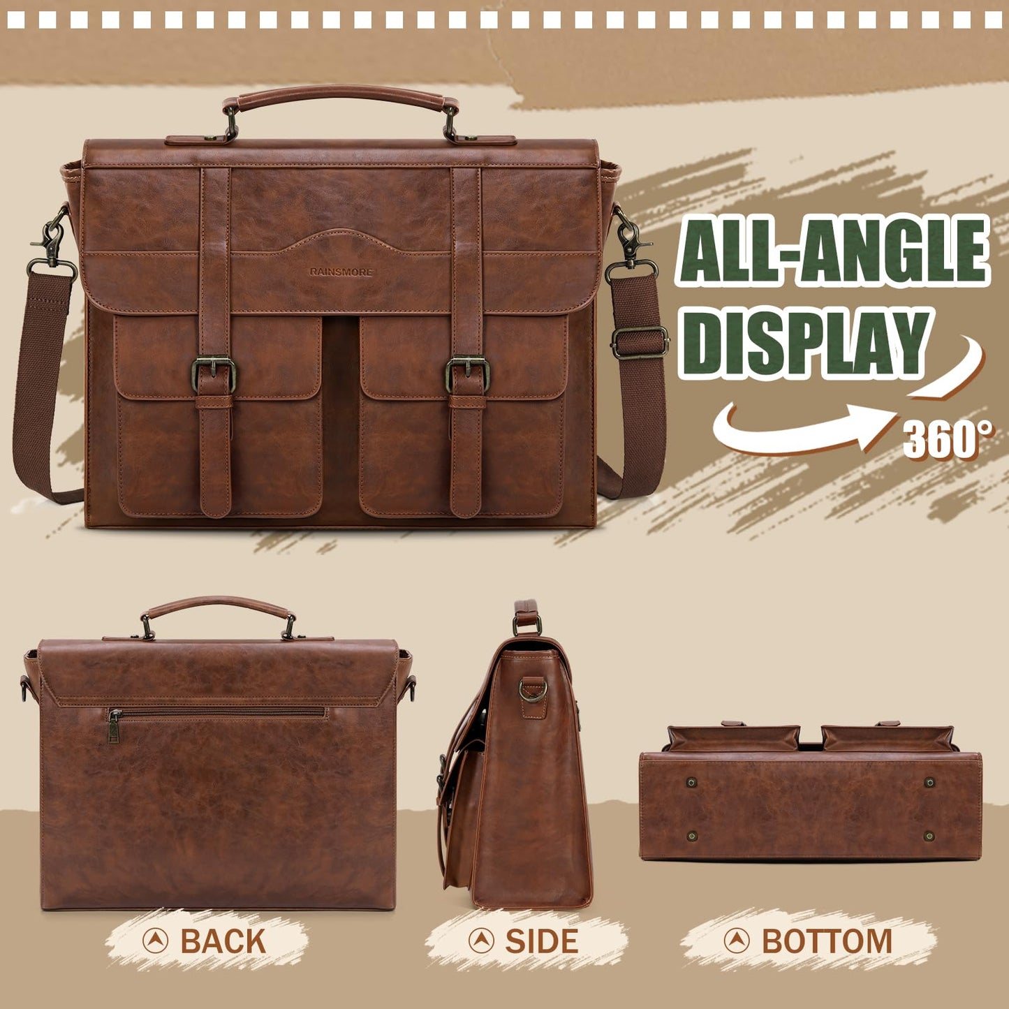 RAINSMORE Mens Messenger Bag 17 Inch Leather Laptop Briefcase Satchel Computer Shoulder Bag for Business Travel Work College, Brown