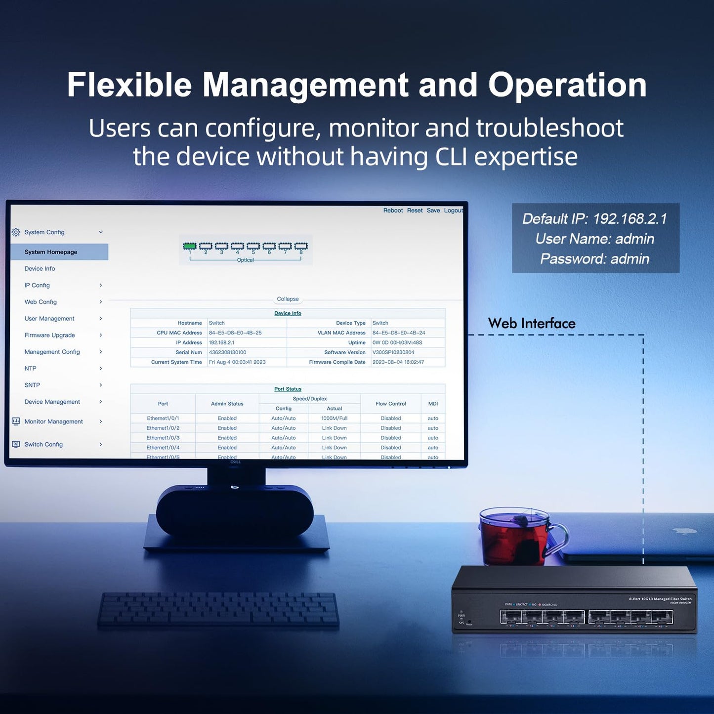 Binardat 8 Port 10 Gigabit SFP Managed Switch, Support 1G SFP and 10G SFP+ Module, 160Gbps Bandwidth, L3 Web/CLI Managed, Metal Fanless Fiber Network Switch