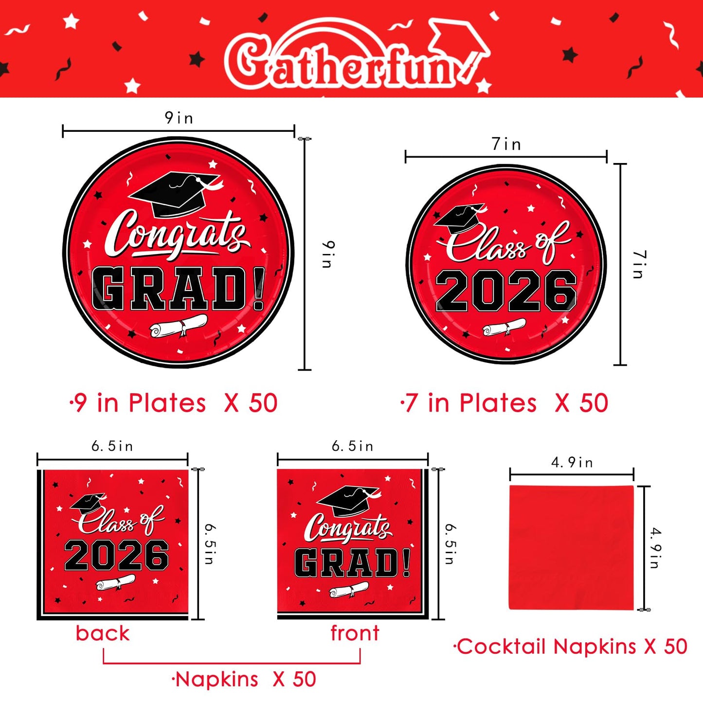 Gatherfun Graduation decorations 2026 Graduation Plates and Napkins Red Disposable Paper Plates Luncheon Napkins Cocktail Napkins for Congrats Grad Party Decorations, Serve 50