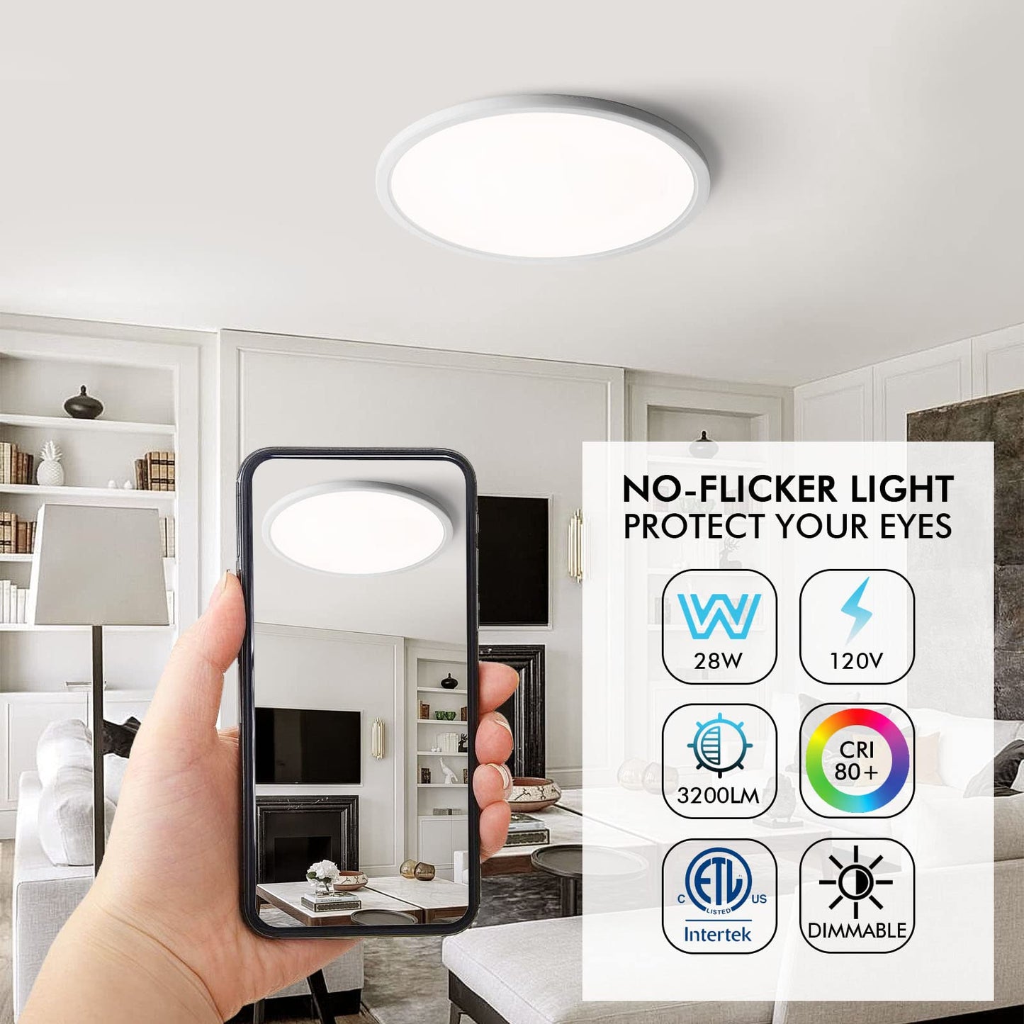 28W 3CCT Flush Mount LED Ceiling Light Fixtures Dimmable 12Inch, 3200LM Bright LED Ceiling Lights, 3000K/4500K/6000K, Low Profile Slim White Lamps for Bathroom Bedroom Kitchen Hallway, 2 Packs