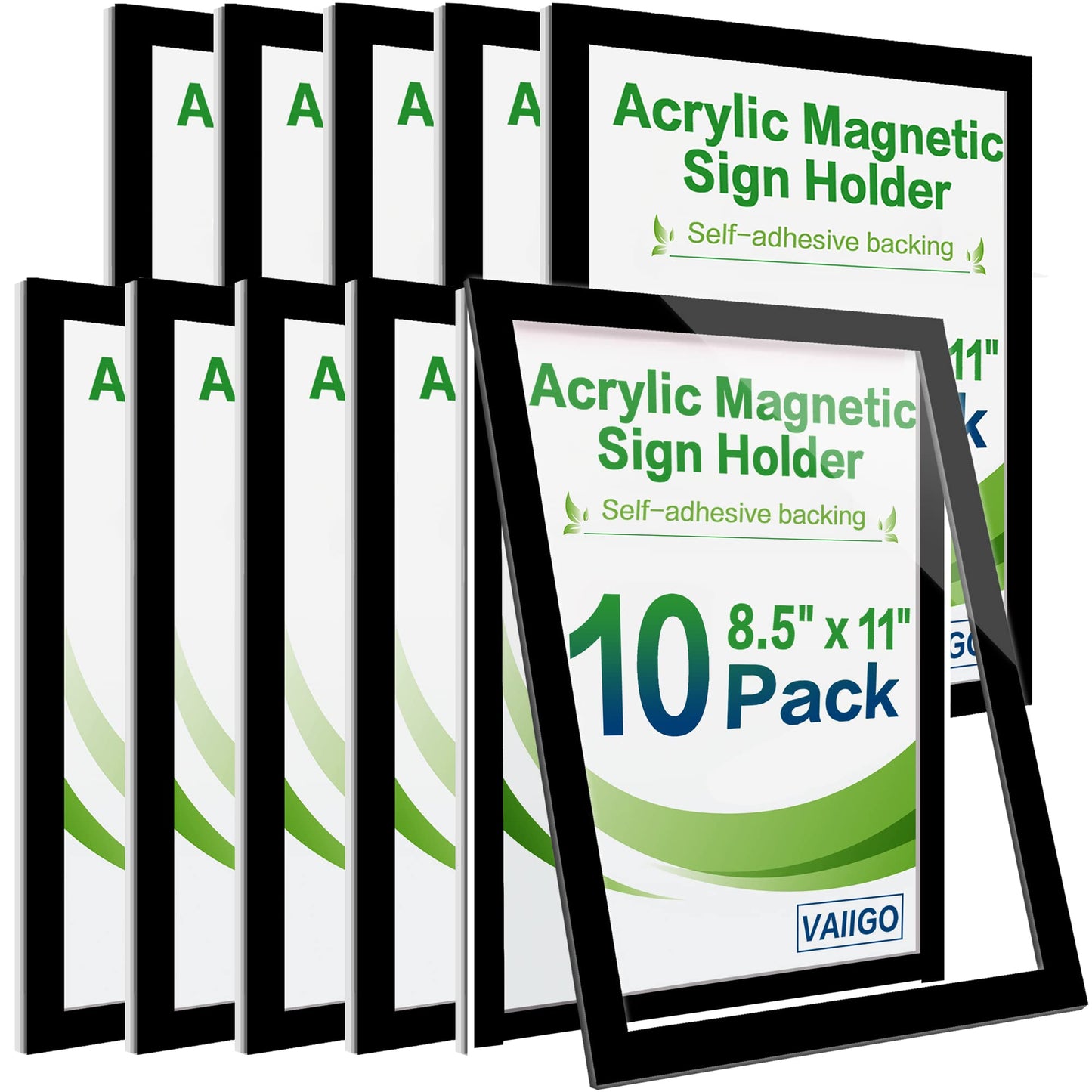 VAIIGO Acrylic Sign Holder 8.5" x 11", 10 Pack Magnetic Wall Mount Sign Holder with Tape Adhesive and Strong Magnetic Border, Acrylic Picture Display Frames for Wall, Door, Glass, Home, Store, Office