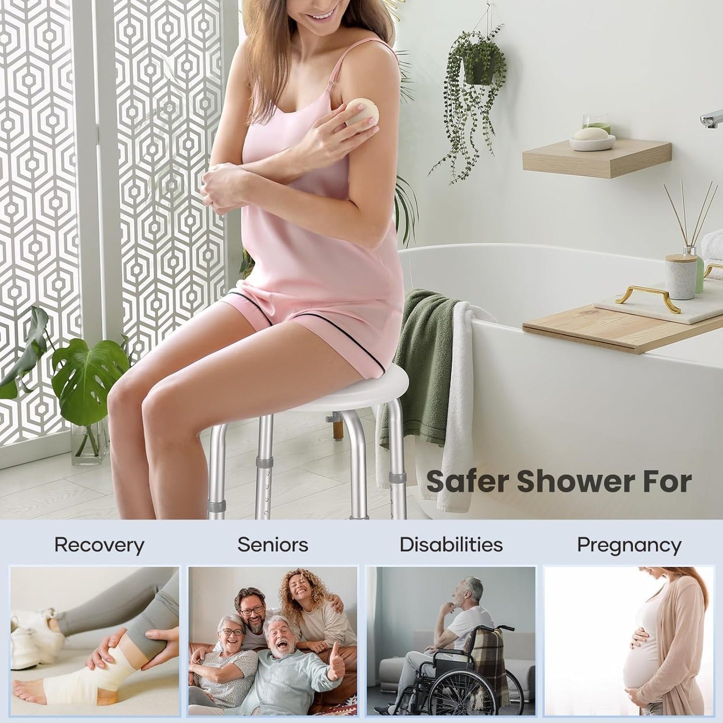 Careboda Adjustable Bath Chair for Inside Shower, Shower Stool with Upgraded Stainless Steel, Tool-Free Assembly, 8 Adjustable Heights for Seniors, Elderly, Pregnant, Handicap & Disabled (CBS01G)