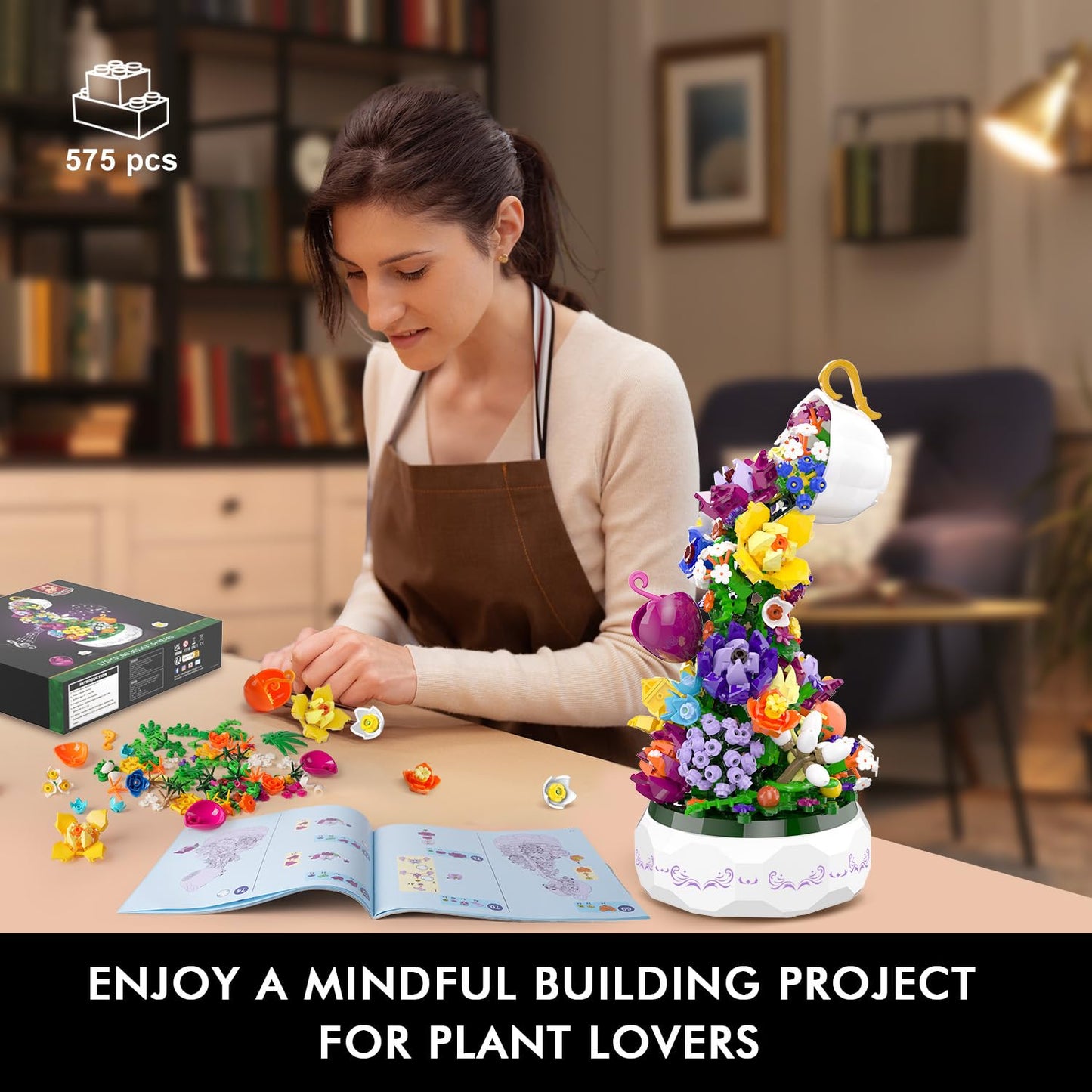HOGOKIDS Flowers Music Box Building Block Kit with Light- 571PCS Botanical Collection Rotating Music Box Building Blocks Set | Valentine's Day, Birthday Gift for Girls Boys Couples Adults Kids Ages 6+