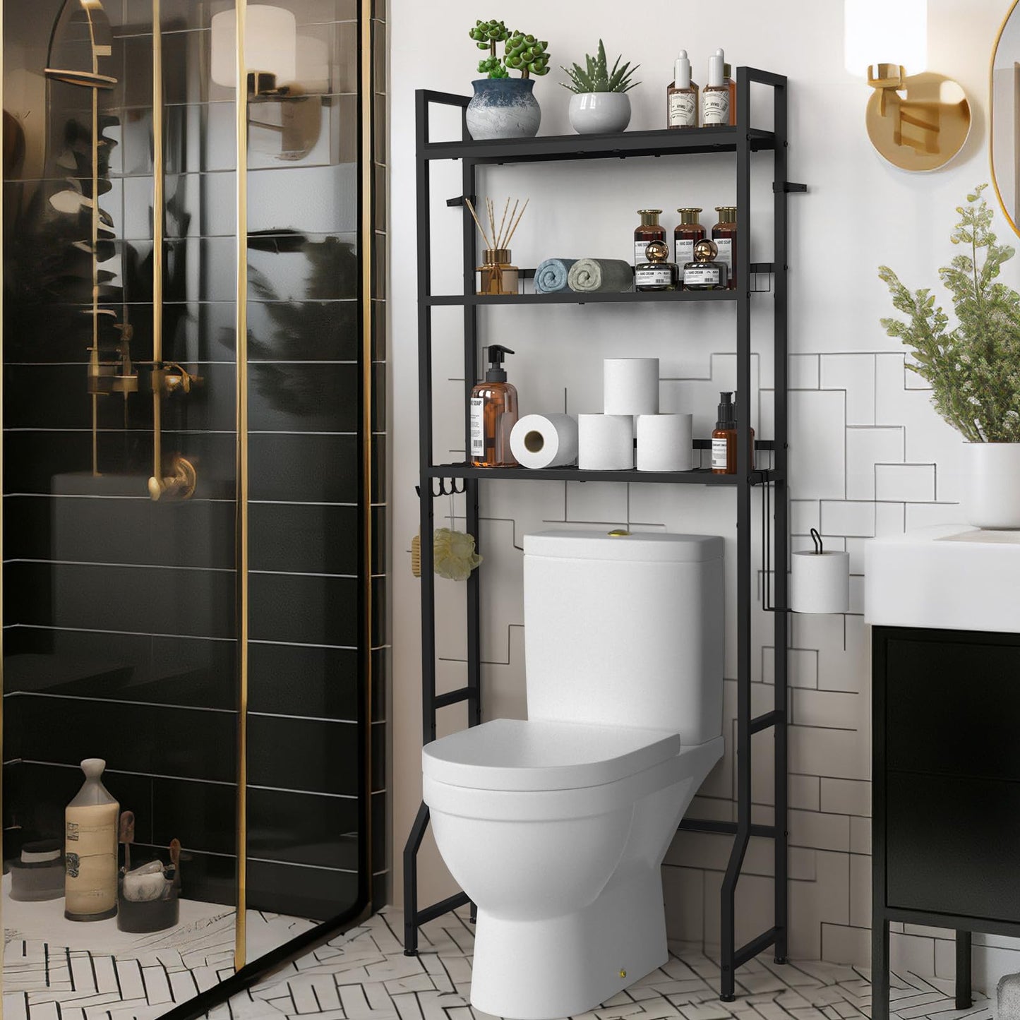 YBING Over The Toilet Rack 3 Tier Bathroom Shelf Over Toilet Storage Organizer Freestanding Above Toilet Storage Rack with Metal Frame and Hook Bathroom Stand and Space Saver Shelf,Black