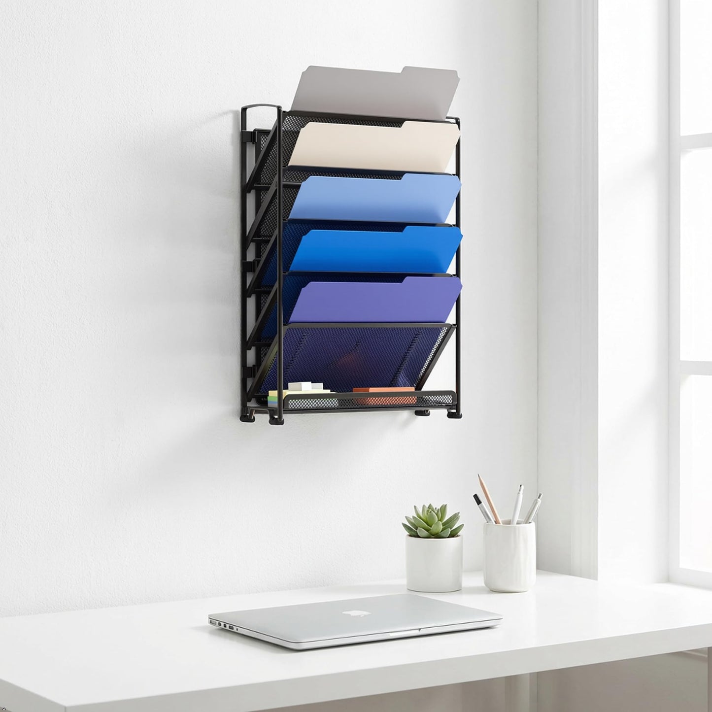 Simple Houseware 6-Tier Mesh Wall Mount File Organizer & Desktop Paper Holder - 5 Tilted Trays + 1 Flat Bottom Tray, Wall Mount Hardware Included, Black