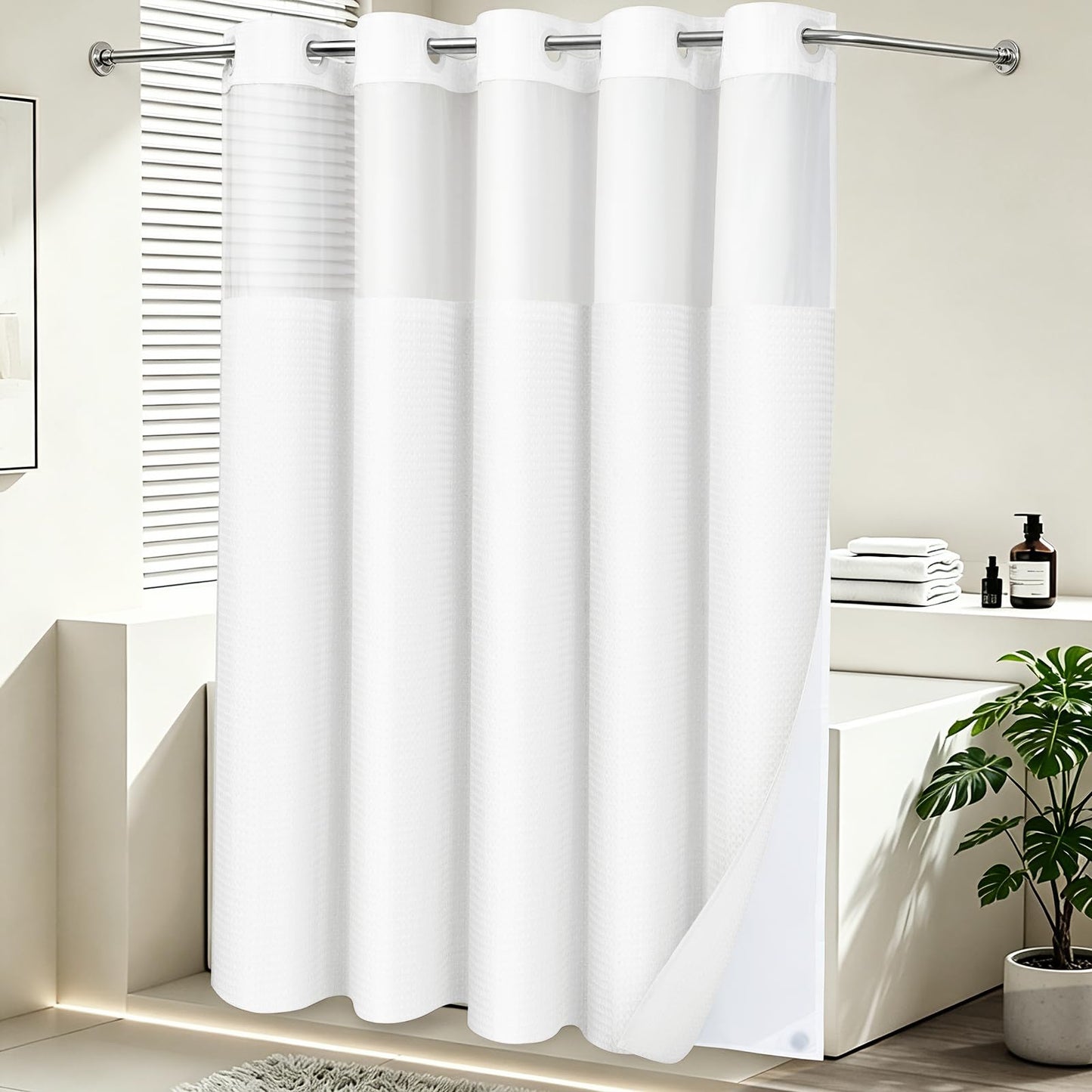 No Hook Shower Curtain with Snap in Fabric Liner- Hotel Style Waffle Weave Shower Curtains with See Through Top Window for Bathroom, Waterproof & Washable, White, 71" W x 74" L