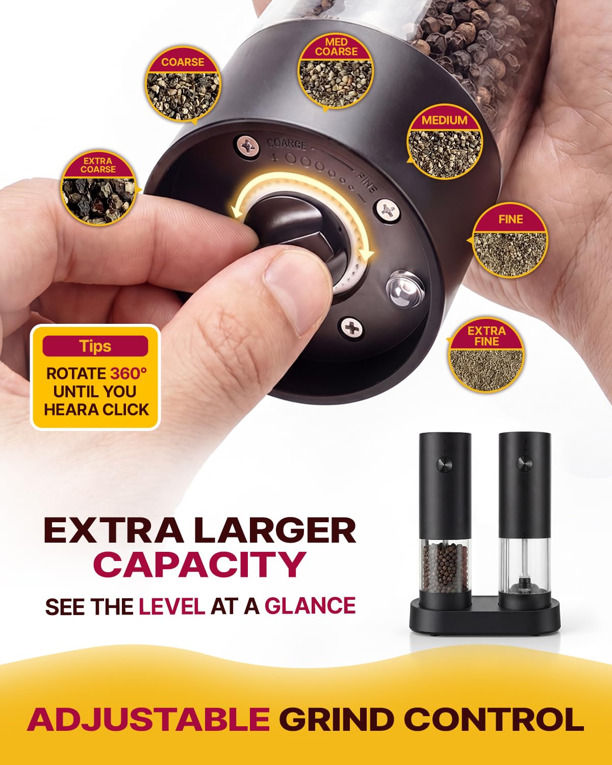 Katbite Electric Salt and Pepper Grinder Set with Charging Base, Rechargeable Automatic Pepper Grinder Easy Top Refill, Adjustable Coarseness, 140ml Large Capacity, One-Handed Operation for Kitchen