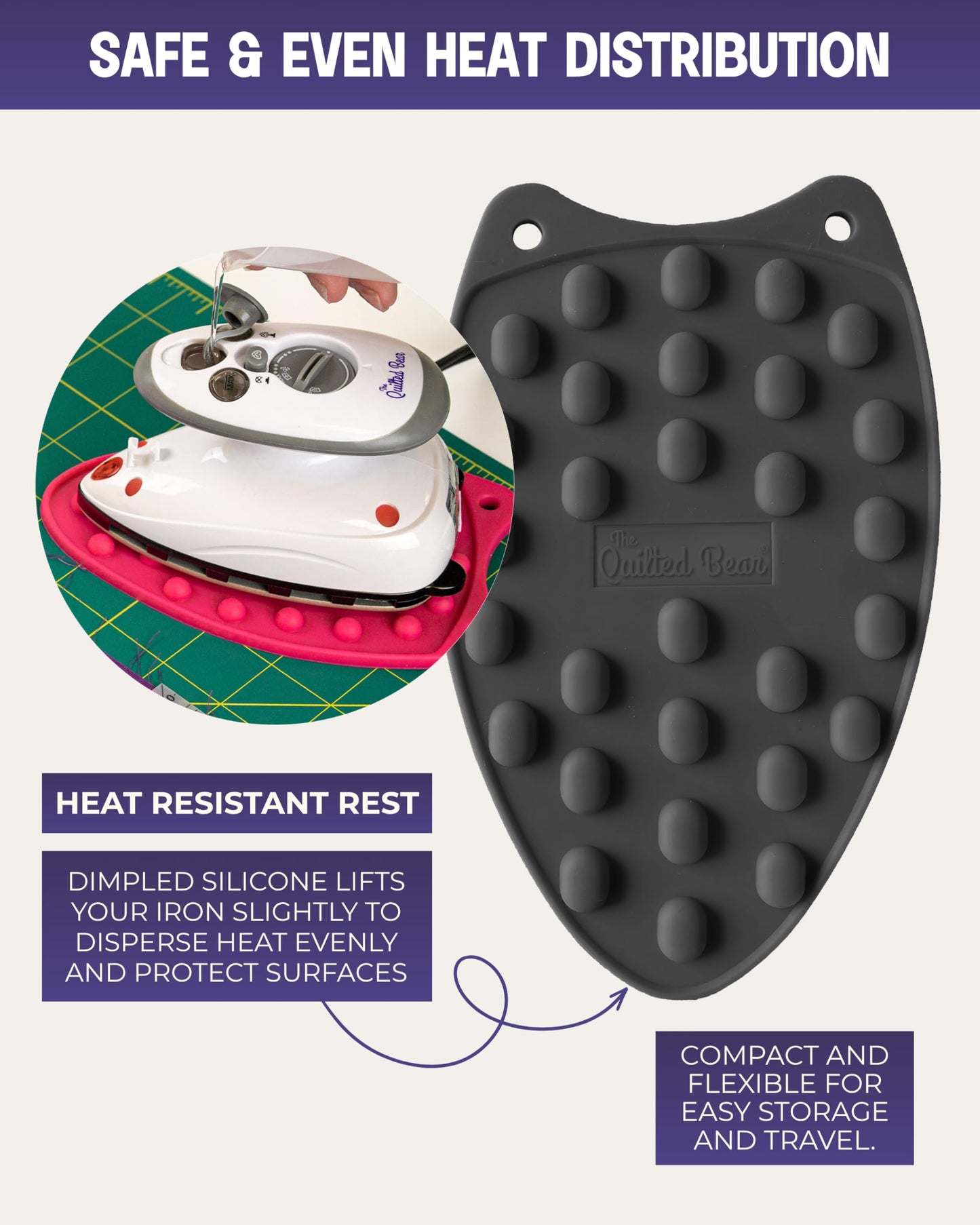 The Quilted Bear Mini Iron, Iron Rest & Ironing Mat - Lightweight Mini Steam Iron with Hard Shell Travel Case, Heat Resistant Silicone Iron Rest & Travel Ironing Mat (Black)
