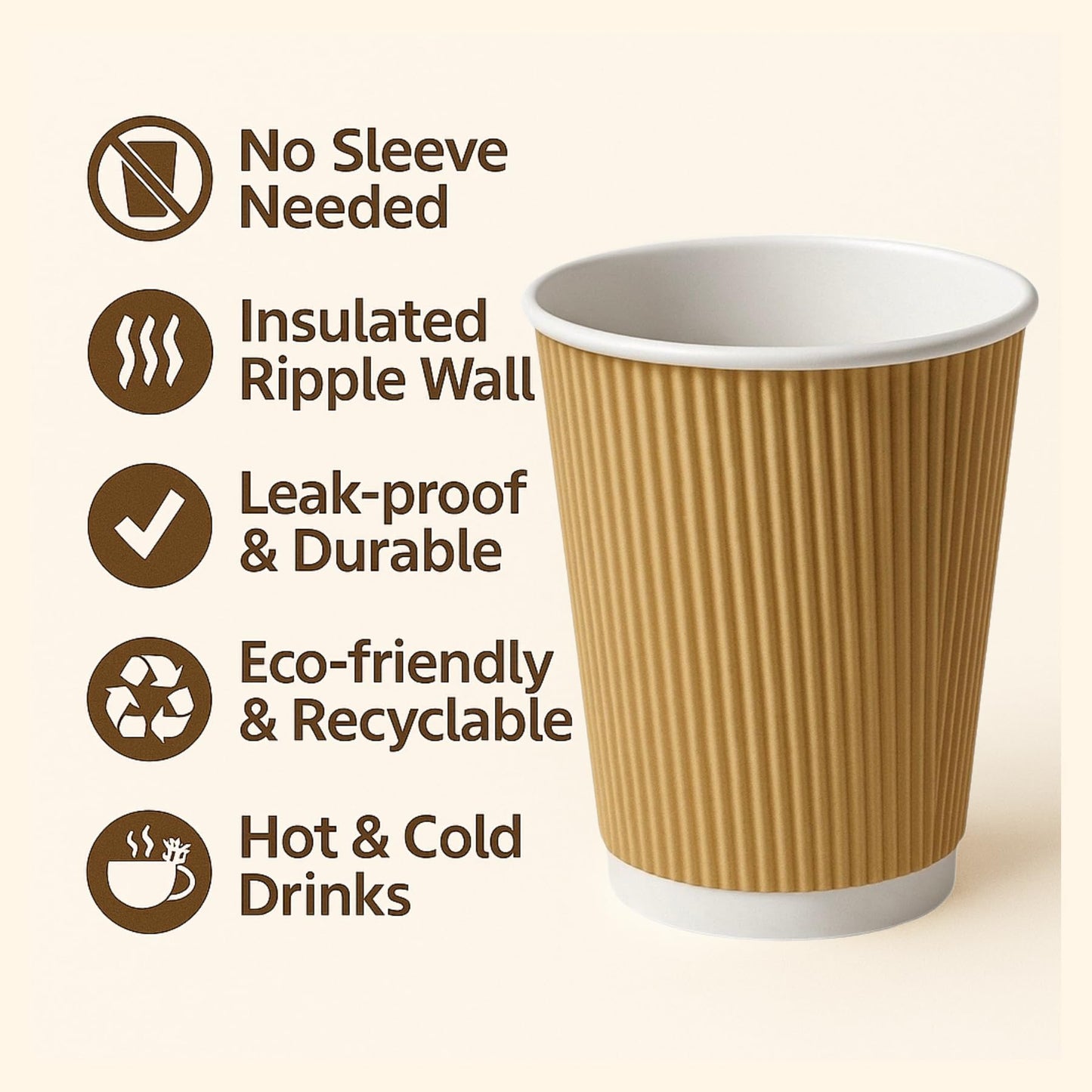 Levé (100 Pack – 12oz) Kraft Ripple Wall, Hot & Cold Paper Cups | Disposable Coffee Cups & Eco-Friendly for Coffee, Tea, Office, Home, Events (No Lids)